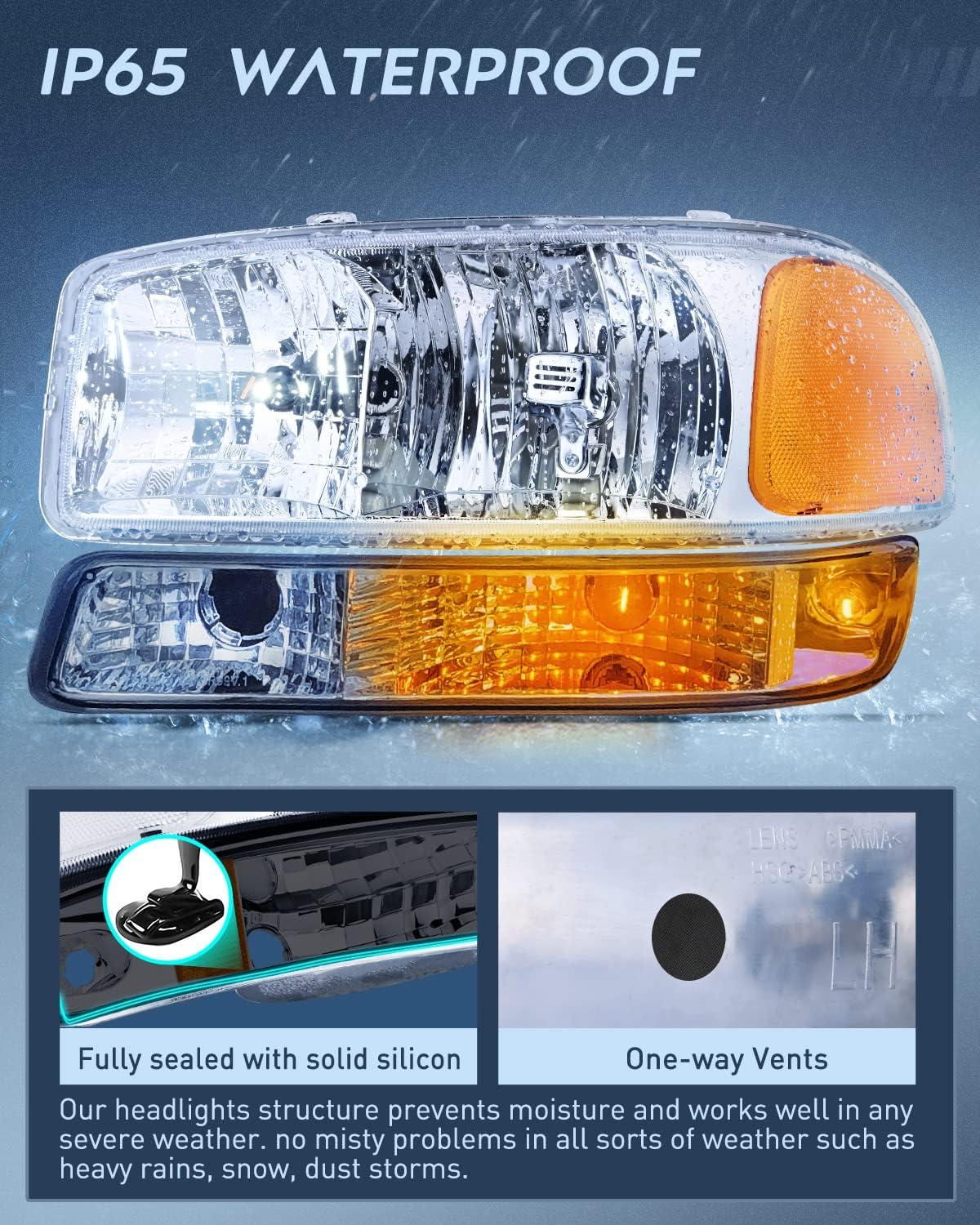imageNilight Headlight Assembly Compatible for 1999 2000 2001 2002 2003 2004 2005 2006 GMC Sierra Yukon Smoke Bumper Light Chrome Housing Amber Corner Clear Lens Headlights Assembly ReplacementChrome Housing Amber Reflector Smoke Lens