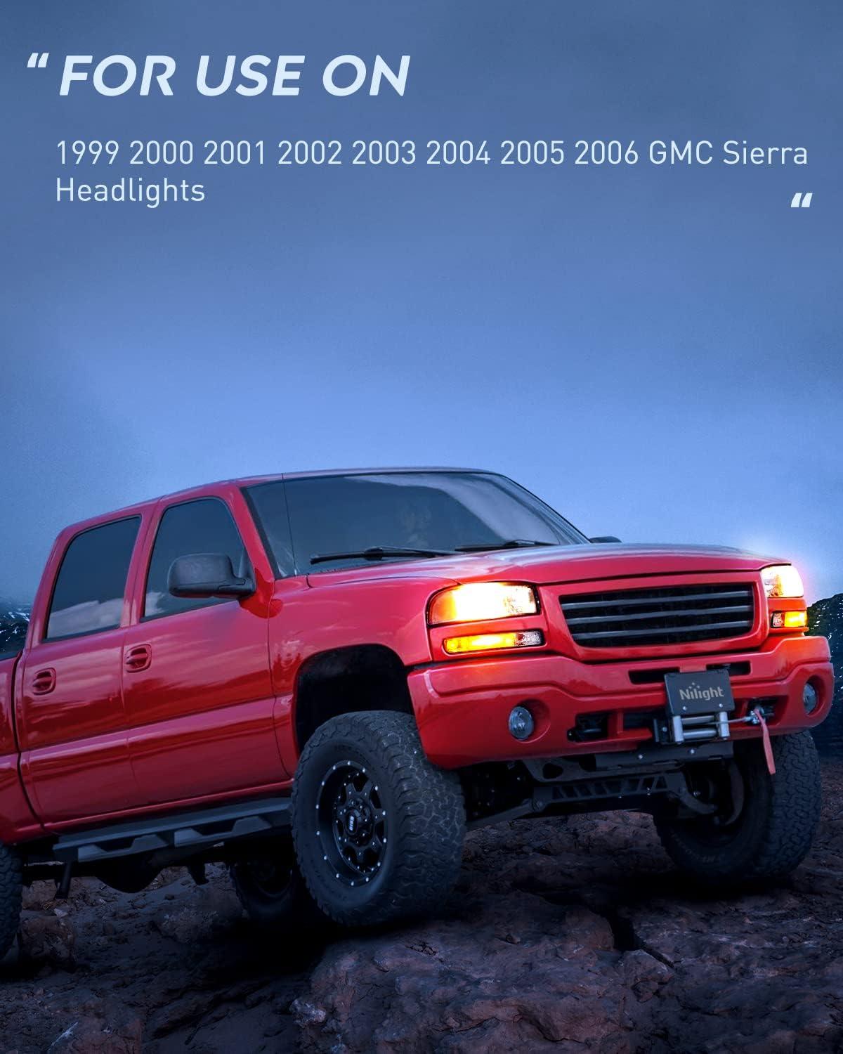 imageNilight Headlight Assembly Compatible for 1999 2000 2001 2002 2003 2004 2005 2006 GMC Sierra Yukon Smoke Bumper Light Chrome Housing Amber Corner Clear Lens Headlights Assembly ReplacementChrome Housing Amber Reflector Smoke Lens