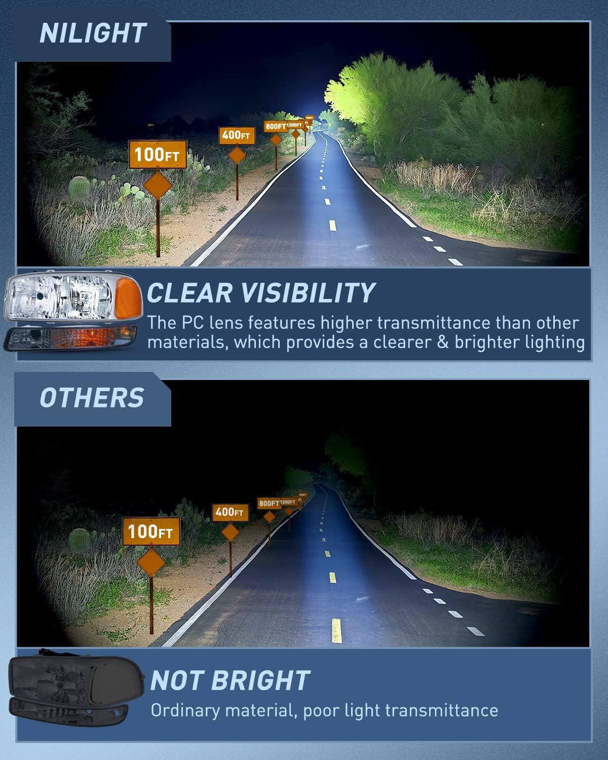 imageNilight Headlight Assembly Compatible for 1999 2000 2001 2002 2003 2004 2005 2006 GMC Sierra Yukon Smoke Bumper Light Chrome Housing Amber Corner Clear Lens Headlights Assembly ReplacementChrome Housing Amber Reflector Smoke Lens