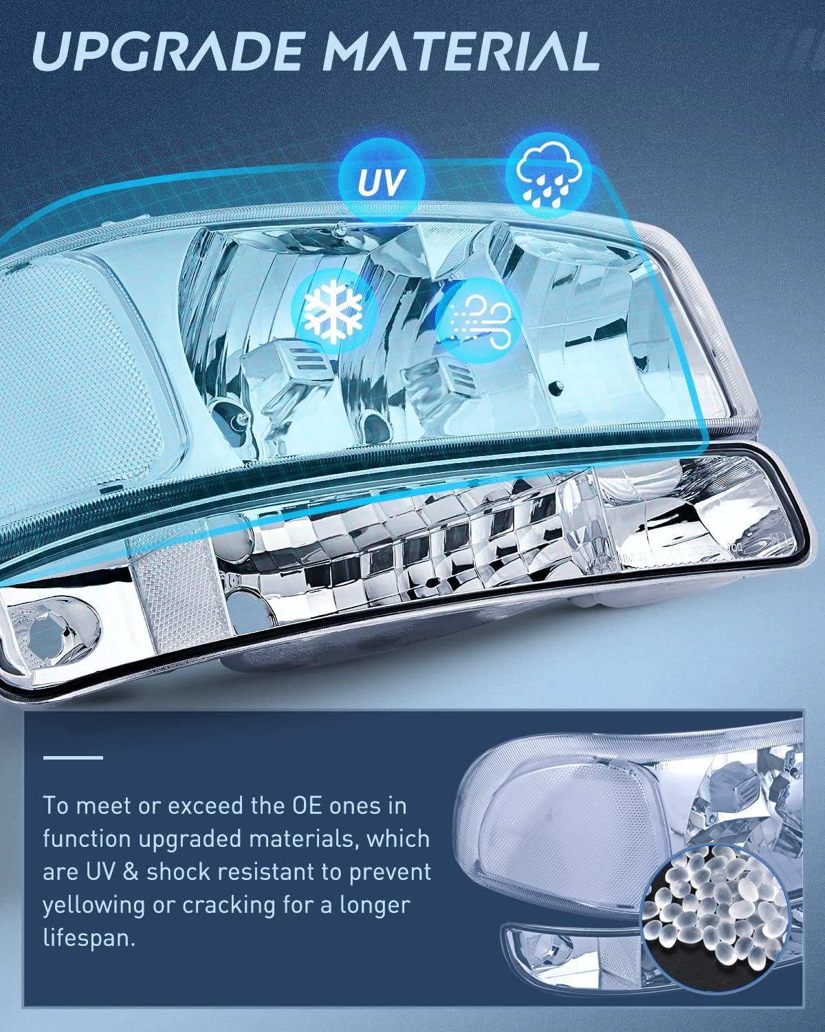 imageNilight Headlight Assembly Compatible for 1999 2000 2001 2002 2003 2004 2005 2006 GMC Sierra Yukon Smoke Bumper Light Chrome Housing Amber Corner Clear Lens Headlights Assembly ReplacementChrome Housing Clear Reflector