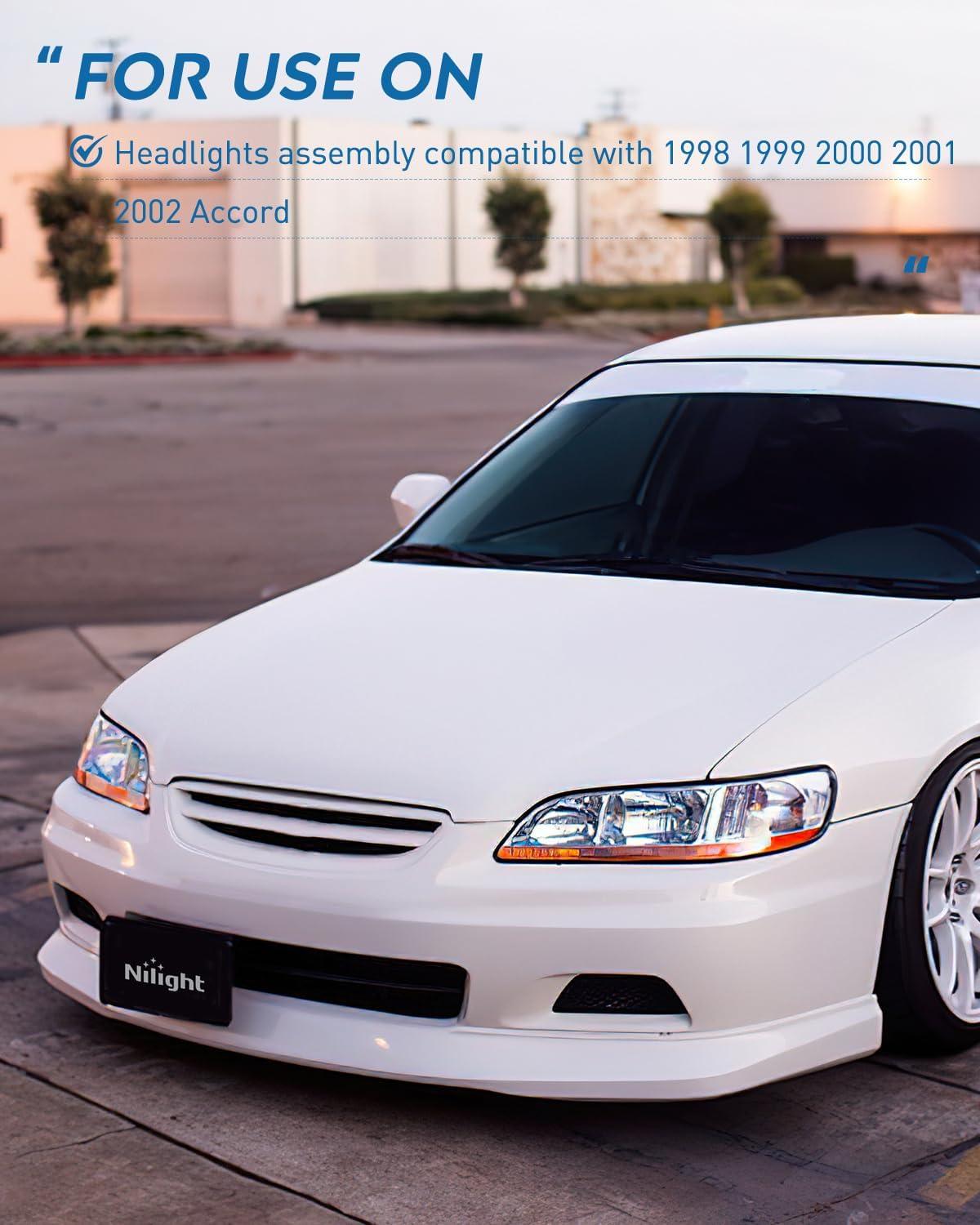 imageNilight Headlight Assembly Compatible with 1998 1999 2000 2001 2002 Honda Accord Headlamps Replacement Black Housing Clear Reflector Upgraded Clear Lens Driver and Passenger SideChrome Housing Amber Reflector