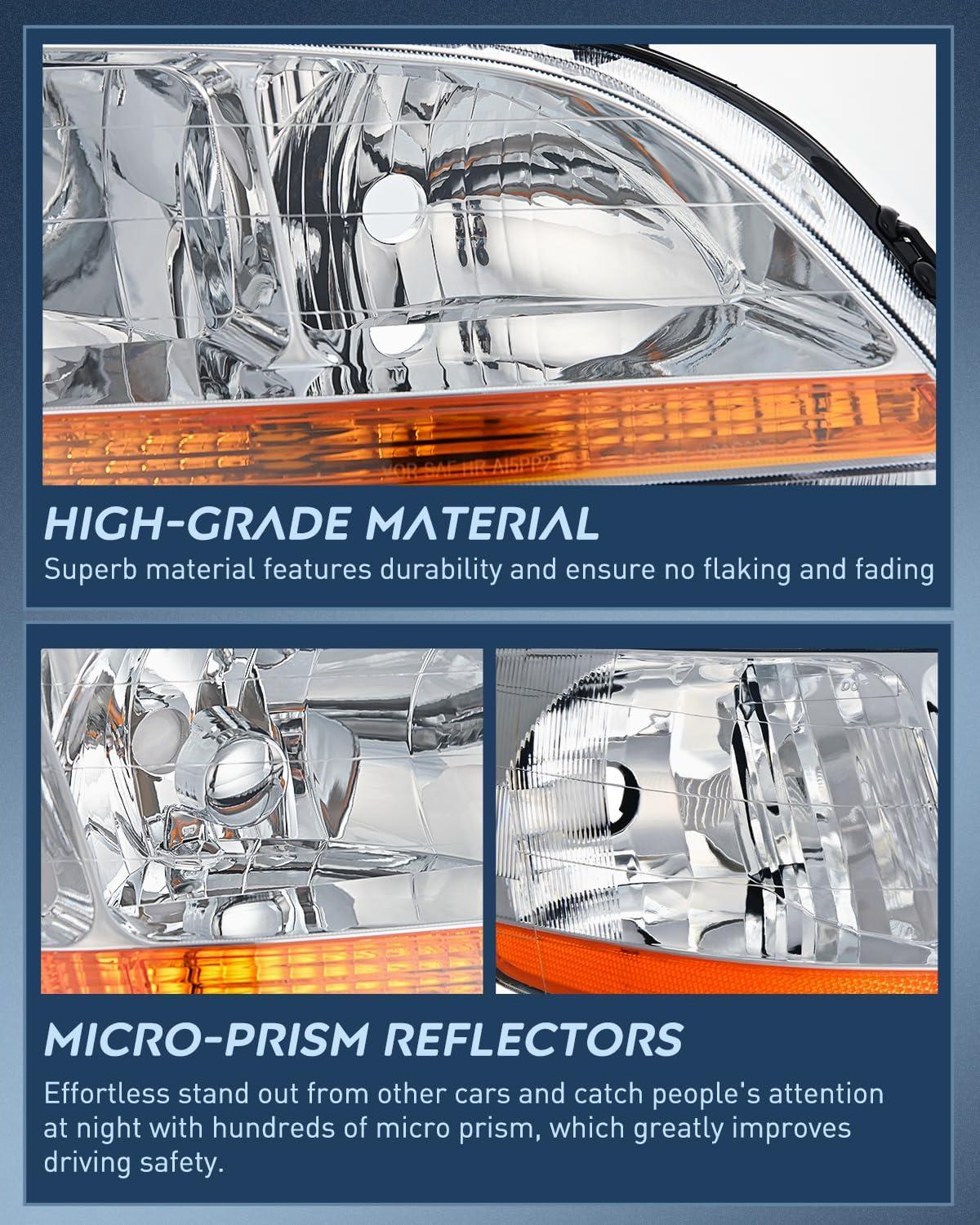 imageNilight Headlight Assembly Compatible with 1998 1999 2000 2001 2002 Honda Accord Headlamps Replacement Black Housing Clear Reflector Upgraded Clear Lens Driver and Passenger SideChrome Housing Amber Reflector