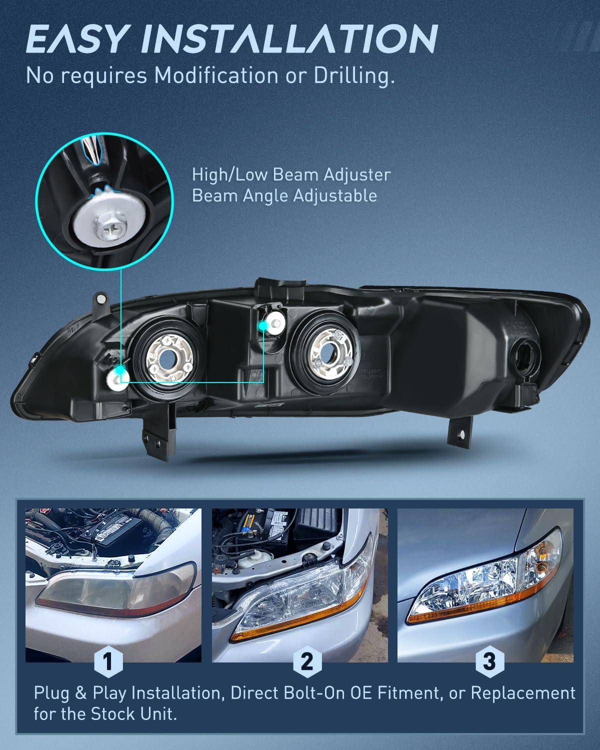 imageNilight Headlight Assembly Compatible with 1998 1999 2000 2001 2002 Honda Accord Headlamps Replacement Black Housing Clear Reflector Upgraded Clear Lens Driver and Passenger SideChrome Housing Amber Reflector