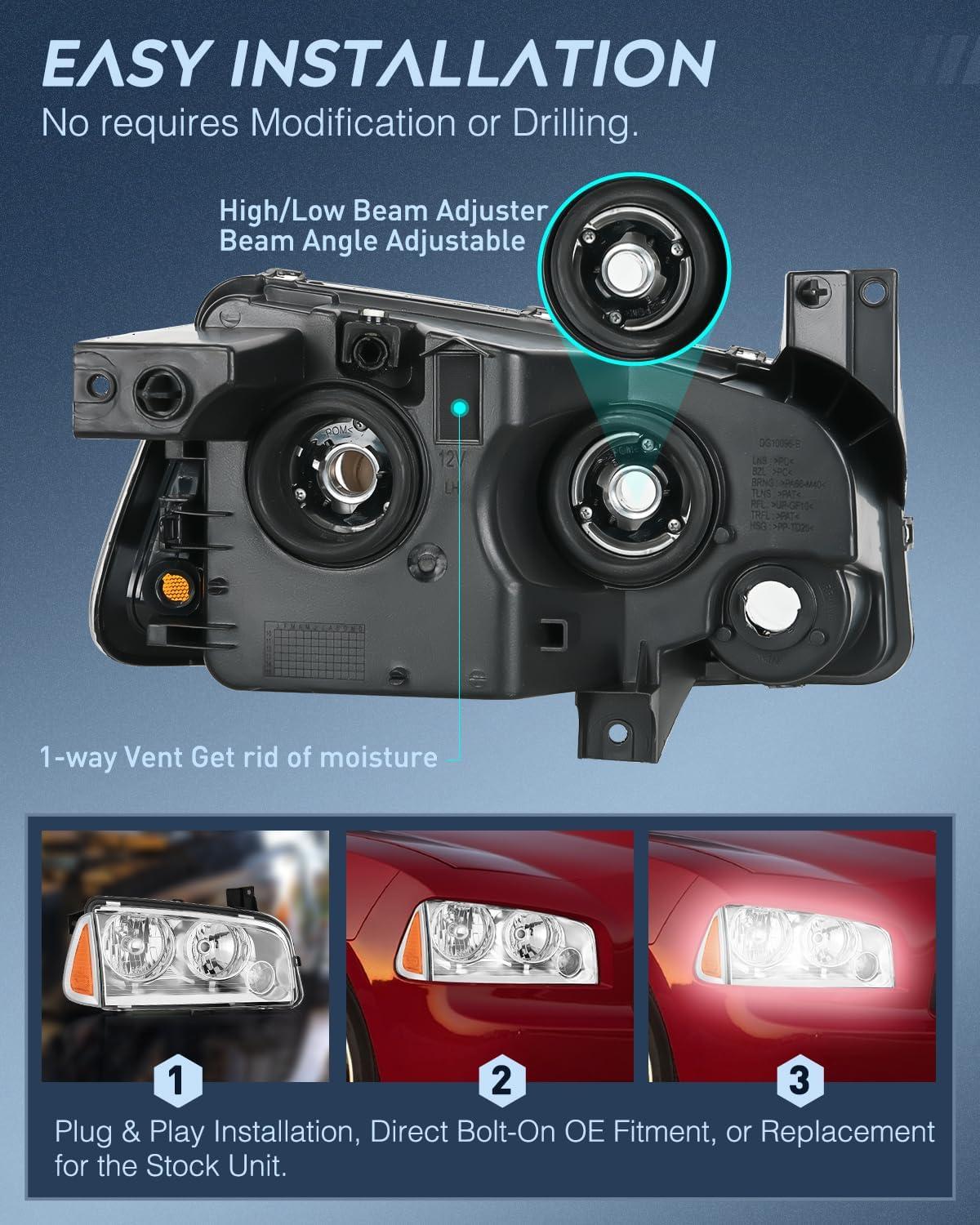 imageNilight Headlight Assembly Compatible with 2006 2007 2008 2009 2010 Dodge Charger Black Housing Amber Reflector Clear Lens Headlights Replacement Bumper Lamp Set Driver and Passenger SideChrome Housing Amber Reflector