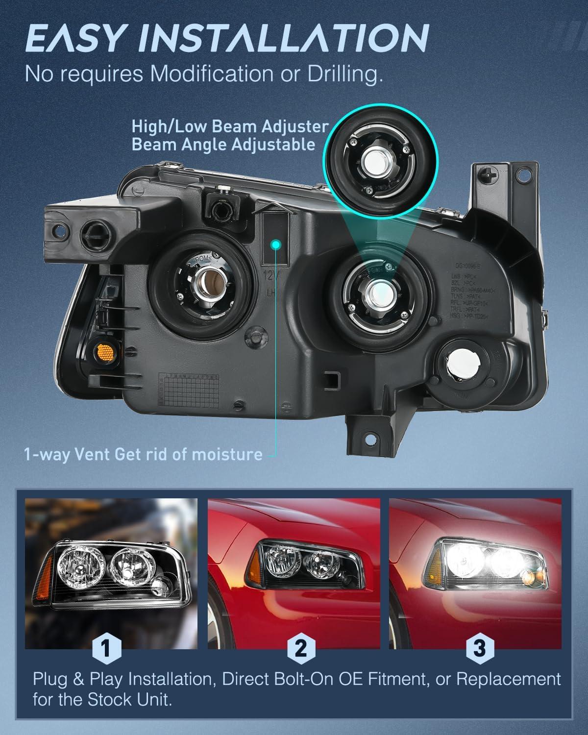 imageNilight Headlight Assembly Compatible with 2006 2007 2008 2009 2010 Dodge Charger Black Housing Amber Reflector Clear Lens Headlights Replacement Bumper Lamp Set Driver and Passenger SideBlack Housing Amber Reflector