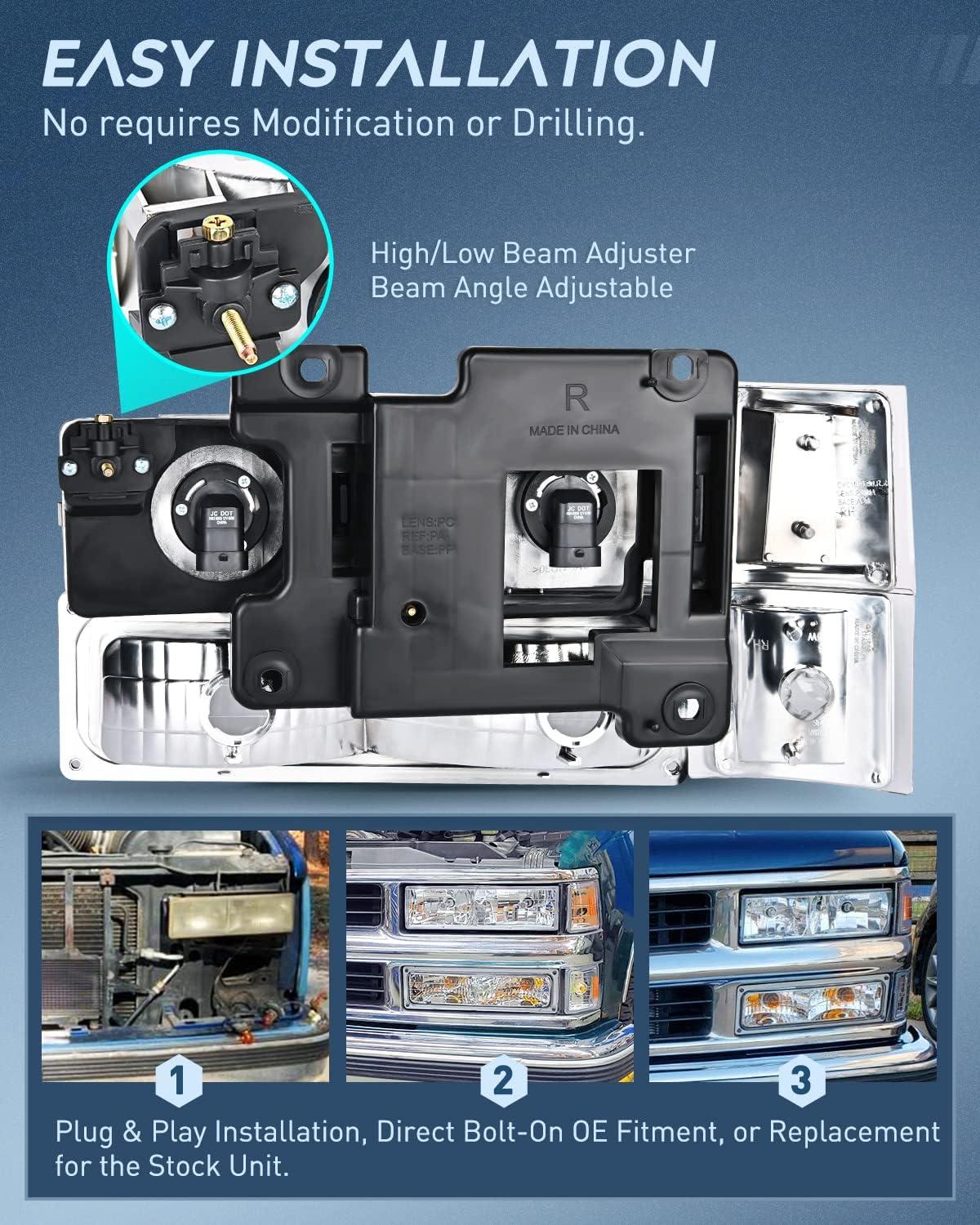 imageNilight Headlight Assembly for 1994 1995 1996 1997 1998 GMC C10 Sierra Yukon Chevy Suburban Replacement Headlamp Chrome Housing Smoke Reflector Bumper Corner LampChrome Housing Amber Reflector