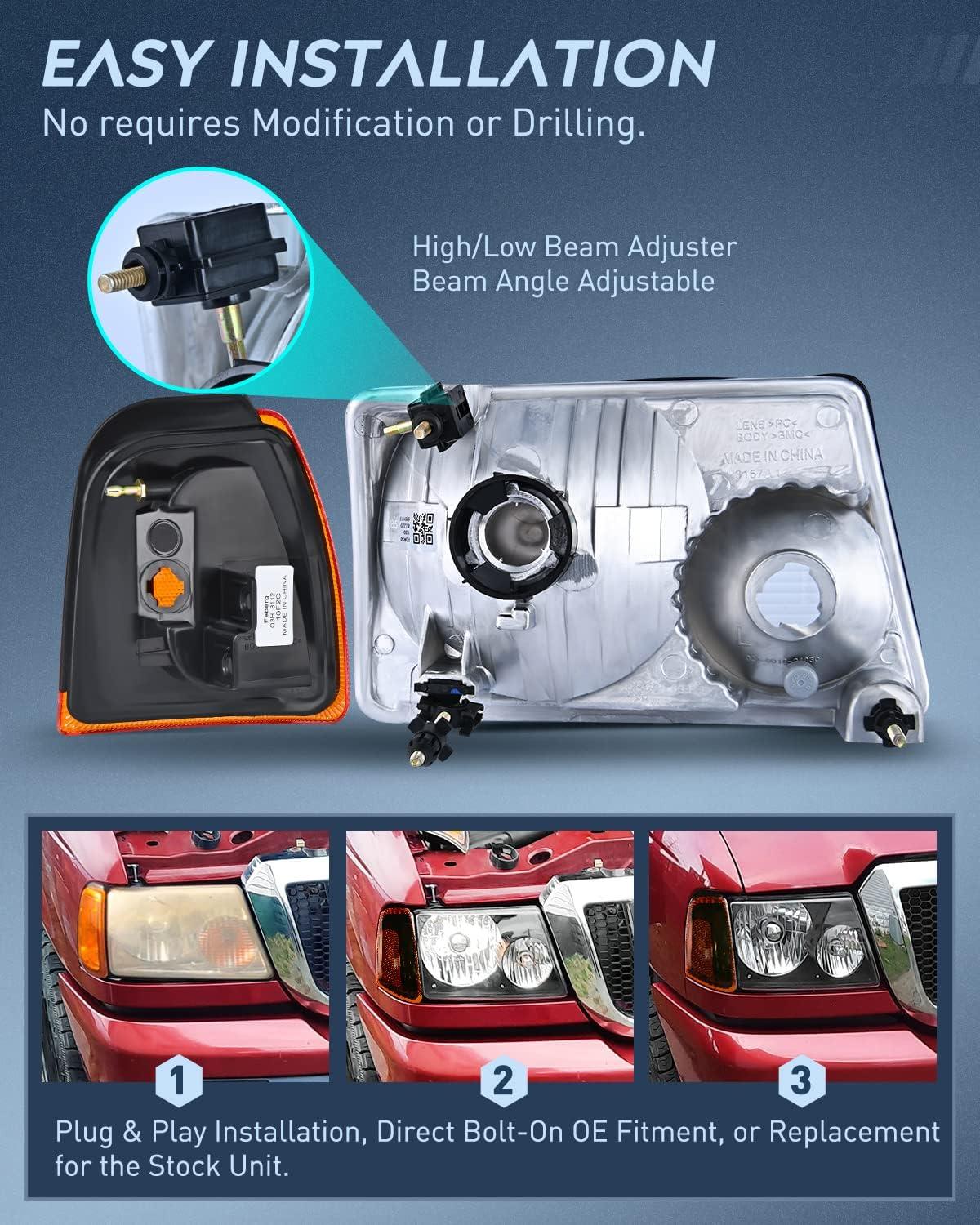 imageNilight Headlight Assembly for 2001 2002 2003 2004 2005 2006 2007 2008 2009 2010 2011 Ford Ranger Replacement Headlamp Chrome Housing Clear ReflectorBlack Housing Amber Reflector