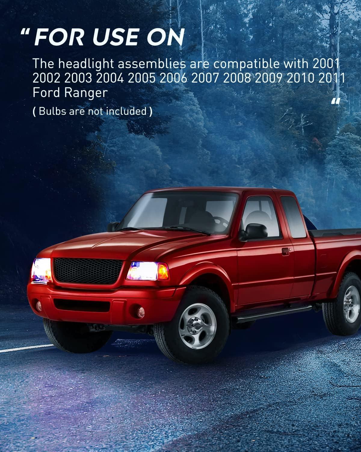 imageNilight Headlight Assembly for 2001 2002 2003 2004 2005 2006 2007 2008 2009 2010 2011 Ford Ranger Replacement Headlamp Chrome Housing Clear ReflectorBlack Housing Amber Reflector