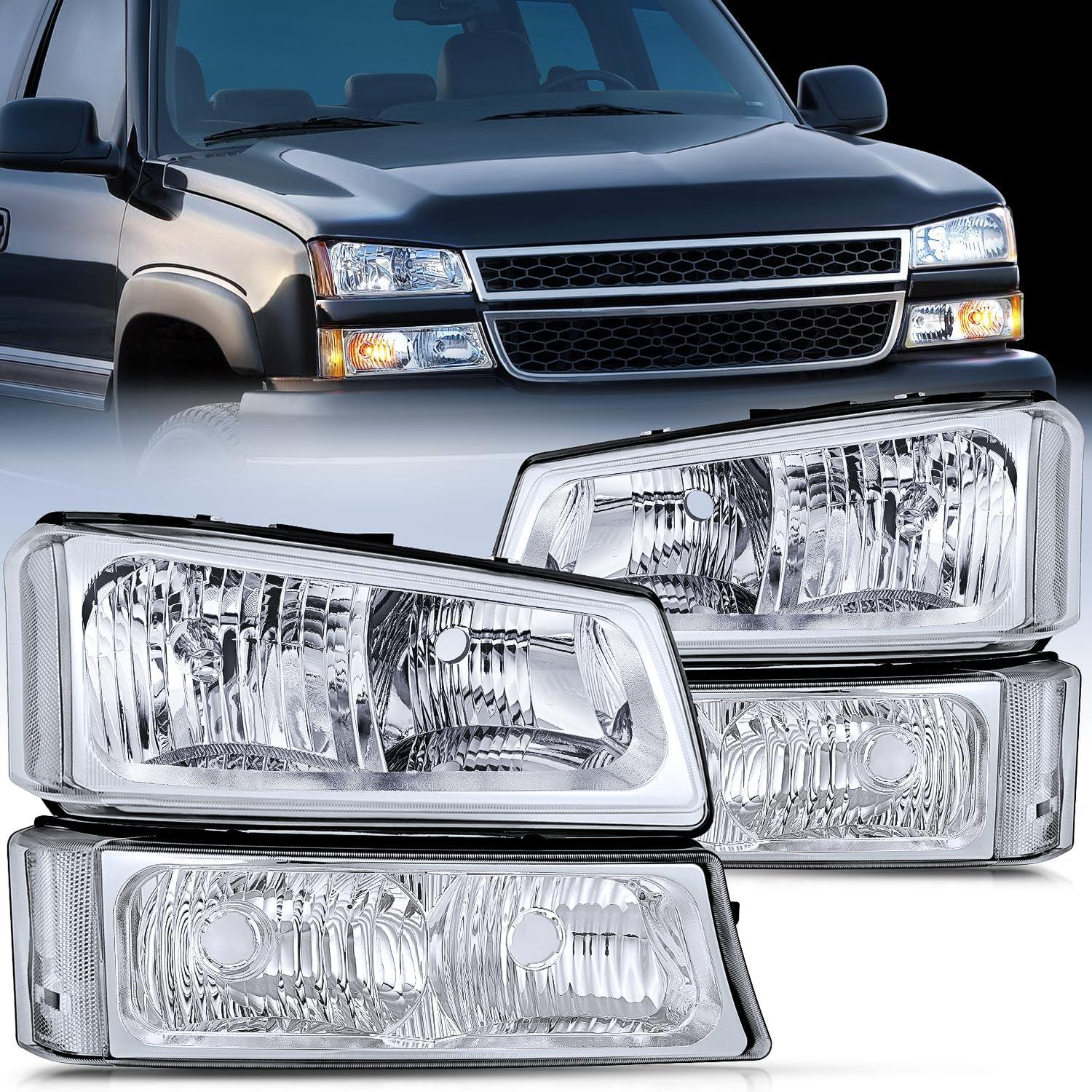 imageNilight Headlight Assembly for 2003 2004 2005 2006 Chevy Silverado Avalanche 1500 1500HD 2500 2500HD 3500 Chevrolet Pickup Replacement Headlamp Housing Bumper Lamp SetChrome Housing Clear Reflector