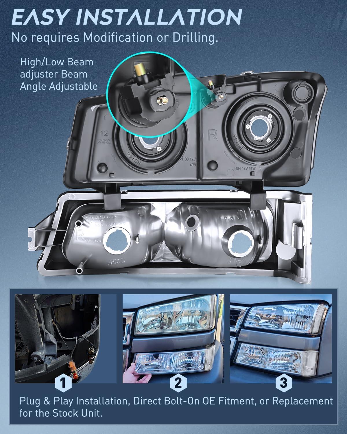 imageNilight Headlight Assembly for 2003 2004 2005 2006 Chevy Silverado Avalanche 1500 1500HD 2500 2500HD 3500 Chevrolet Pickup Replacement Headlamp Housing Bumper Lamp SetChrome Housing Clear Reflector