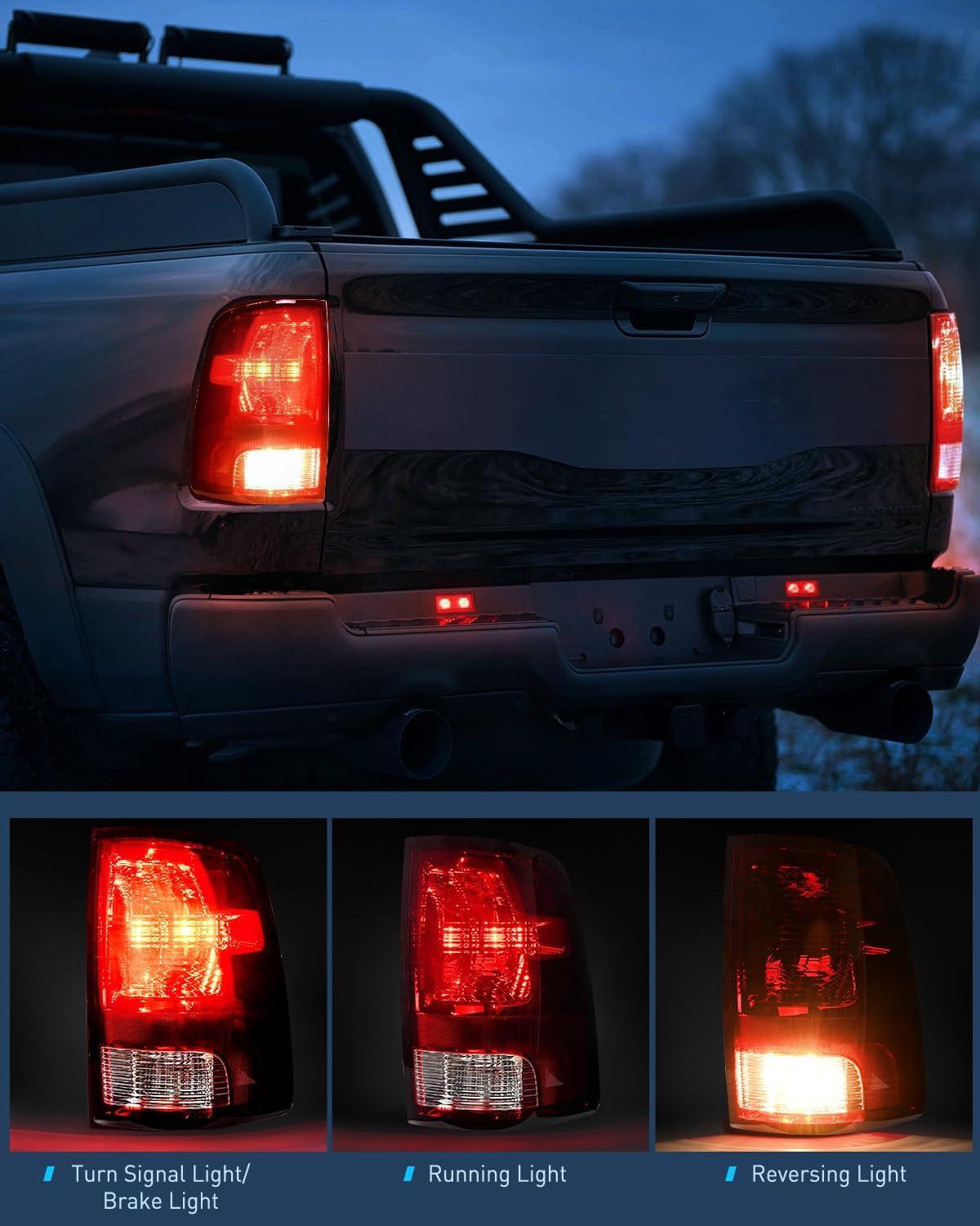 imageNilight Headlight and Taillight Assembly Combo Compatible with 2009 2010 2011 2012 2013 2014 2015 2016 2017 2018 Dodge Ram for Quad Models Chrome Housing Amber Reflector with Red Housing Tail LightBlack Housing Amber Reflector wTaillight