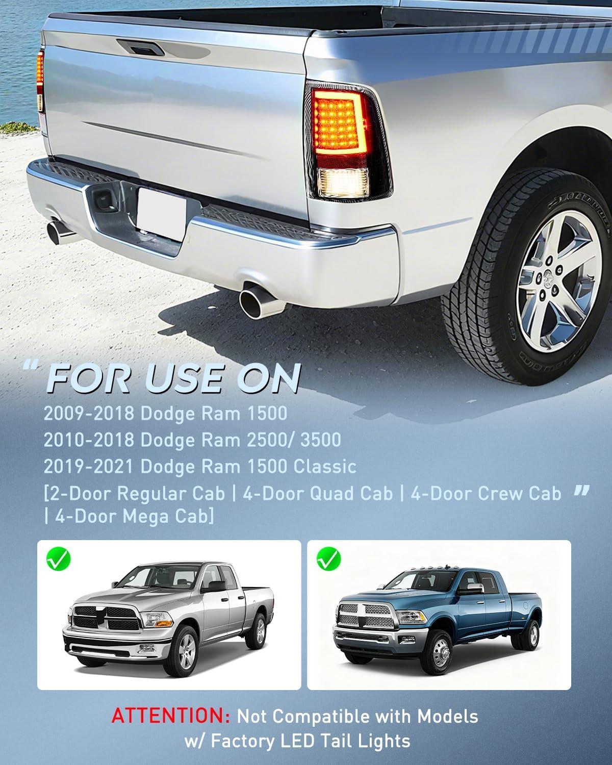 imageNilight Headlight and Taillight Assembly Combo Compatible with 2009 2010 2011 2012 2013 2014 2015 2016 2017 2018 Dodge Ram for Quad Models Chrome Housing Amber Reflector with Red Housing Tail LightLED BlackC Shape