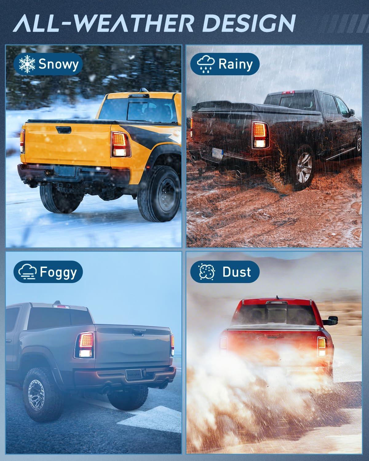 imageNilight Headlight and Taillight Assembly Combo Compatible with 2009 2010 2011 2012 2013 2014 2015 2016 2017 2018 Dodge Ram for Quad Models Chrome Housing Amber Reflector with Red Housing Tail LightLED BlackC Shape