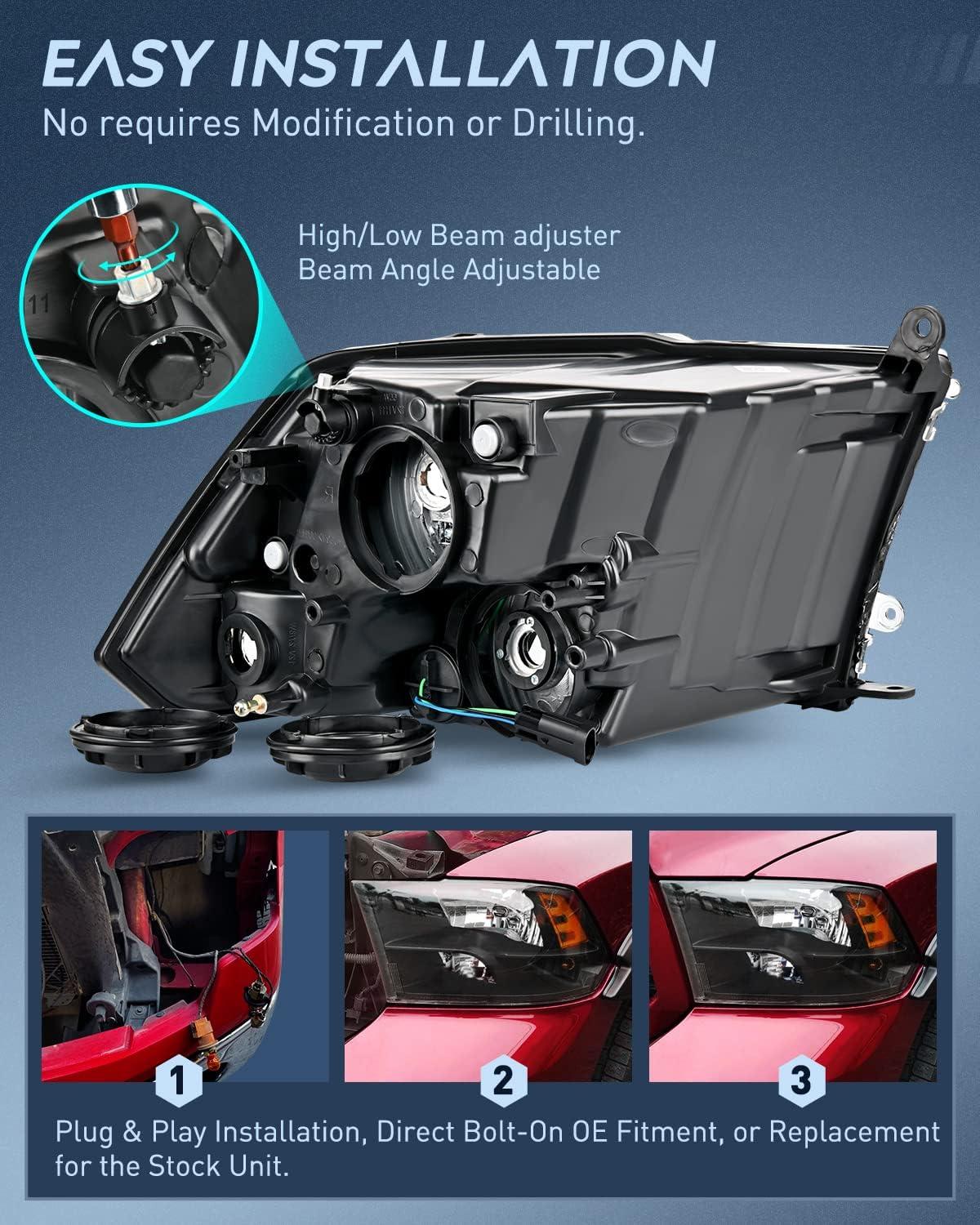 imageNilight Headlight and Taillight Assembly Combo Compatible with 2009 2010 2011 2012 2013 2014 2015 2016 2017 2018 Dodge Ram for Quad Models Chrome Housing Amber Reflector with Red Housing Tail LightBlack Housing Amber Reflector wTaillight