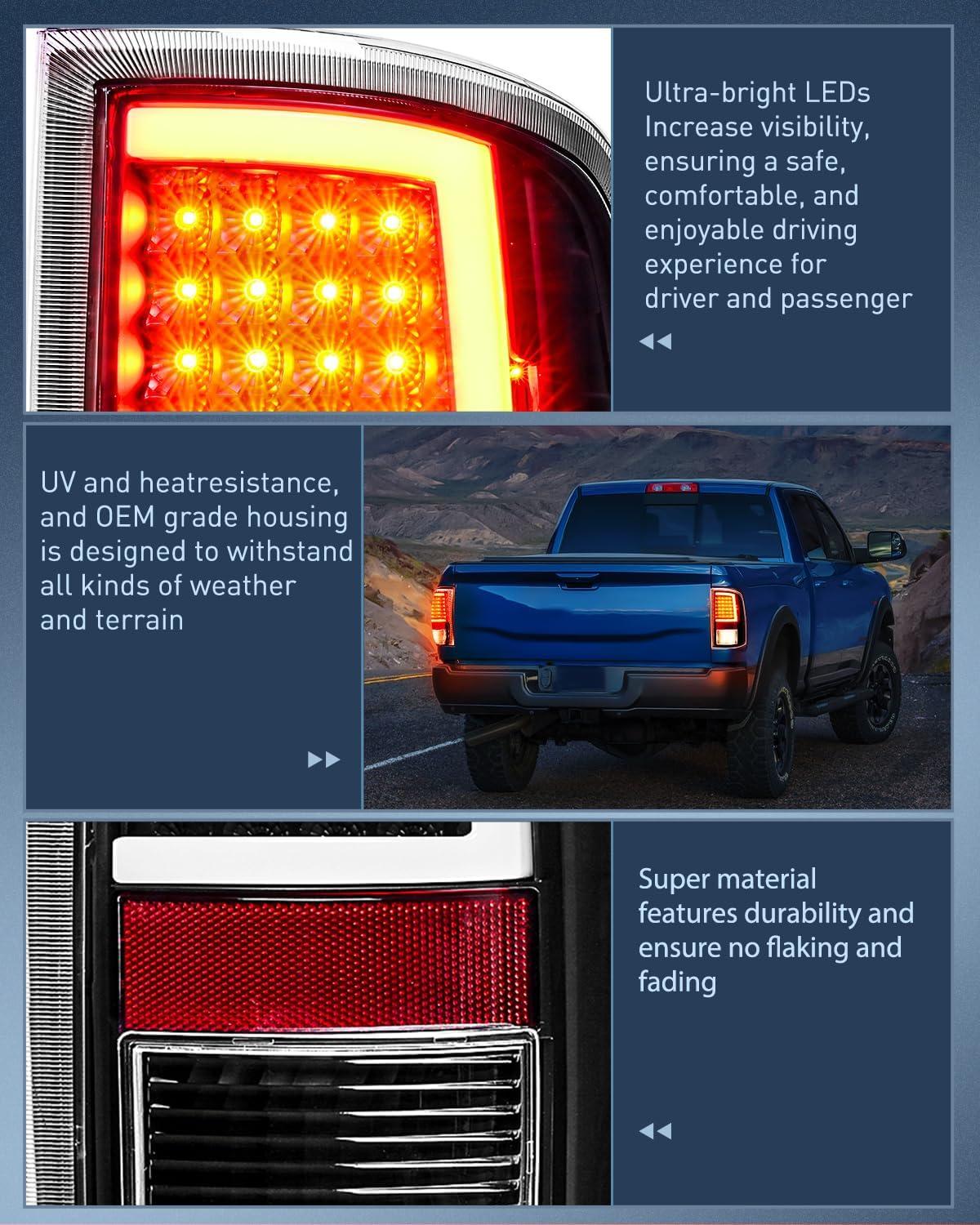 imageNilight Headlight and Taillight Assembly Combo Compatible with 2009 2010 2011 2012 2013 2014 2015 2016 2017 2018 Dodge Ram for Quad Models Chrome Housing Amber Reflector with Red Housing Tail LightLED BlackC Shape