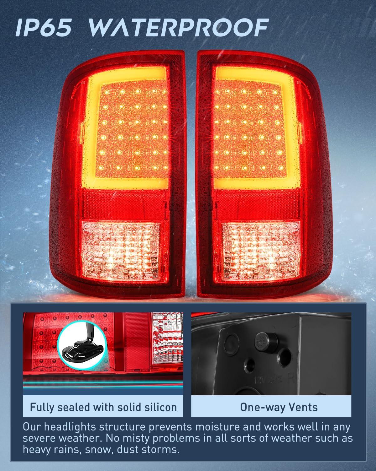 imageNilight Headlight and Taillight Assembly Combo Compatible with 2009 2010 2011 2012 2013 2014 2015 2016 2017 2018 Dodge Ram for Quad Models Chrome Housing Amber Reflector with Red Housing Tail LightLED RedC Shape