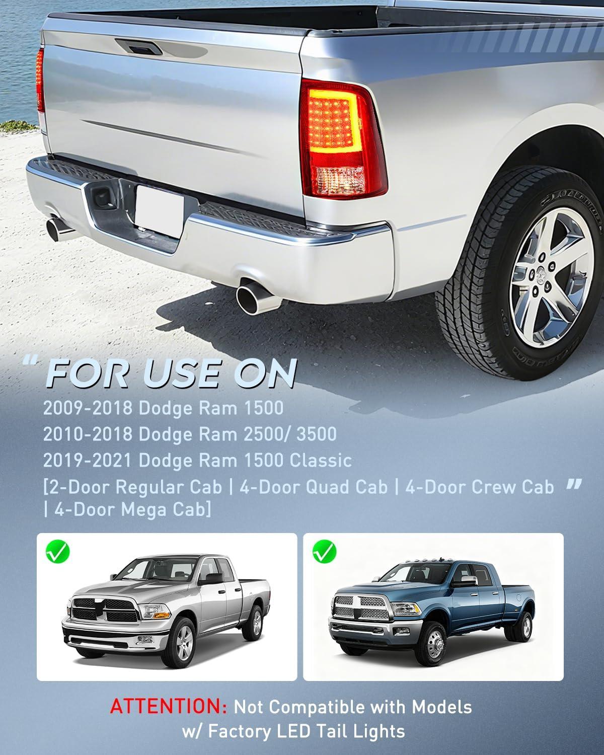 imageNilight Headlight and Taillight Assembly Combo Compatible with 2009 2010 2011 2012 2013 2014 2015 2016 2017 2018 Dodge Ram for Quad Models Chrome Housing Amber Reflector with Red Housing Tail LightLED RedC Shape