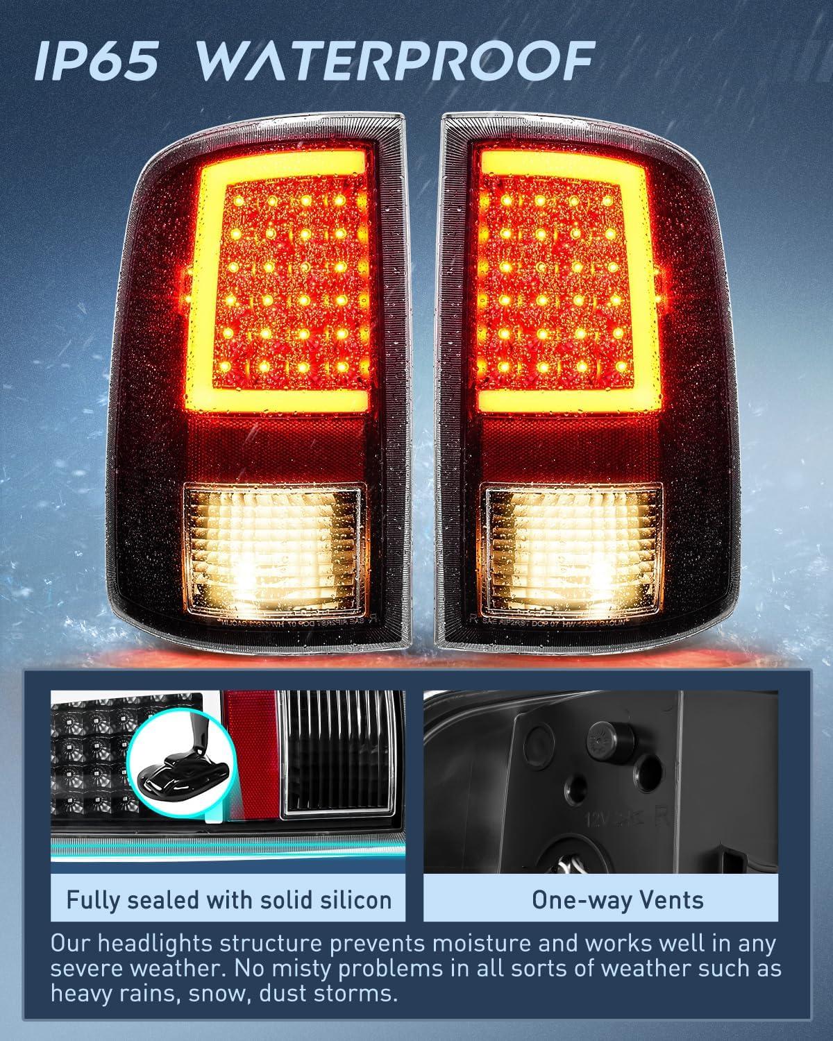 imageNilight Headlight and Taillight Assembly Combo Compatible with 2009 2010 2011 2012 2013 2014 2015 2016 2017 2018 Dodge Ram for Quad Models Chrome Housing Amber Reflector with Red Housing Tail LightLED BlackC Shape