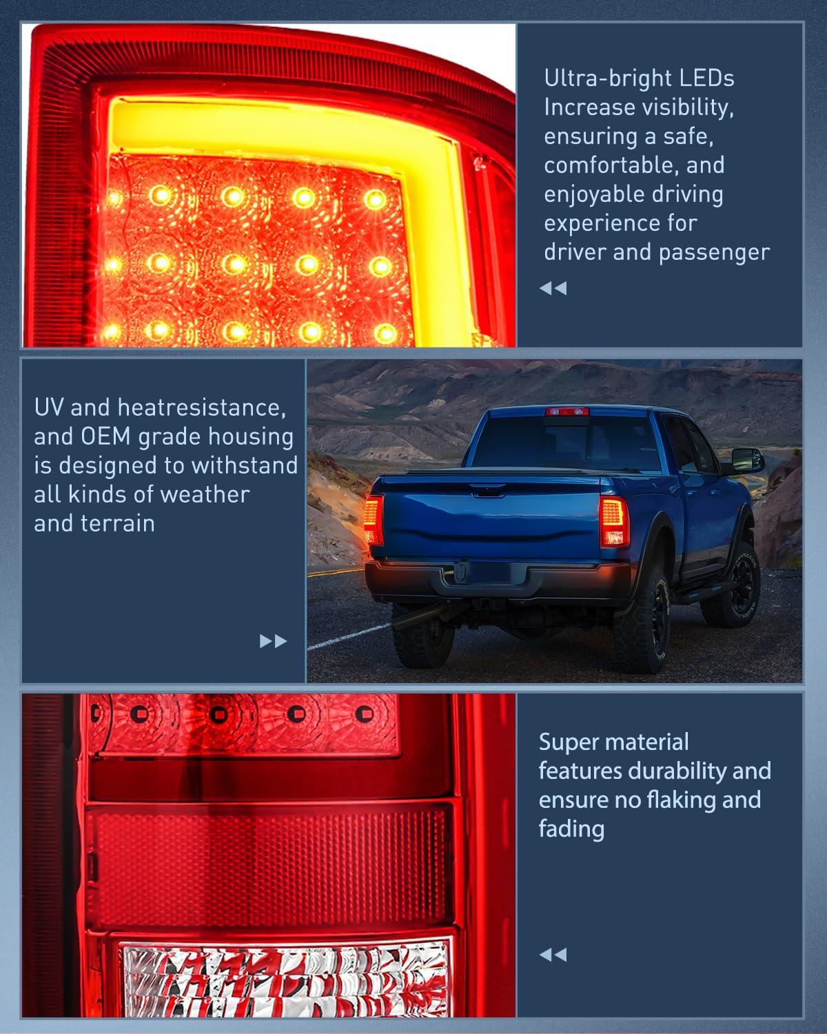 imageNilight Headlight and Taillight Assembly Combo Compatible with 2009 2010 2011 2012 2013 2014 2015 2016 2017 2018 Dodge Ram for Quad Models Chrome Housing Amber Reflector with Red Housing Tail LightLED RedC Shape