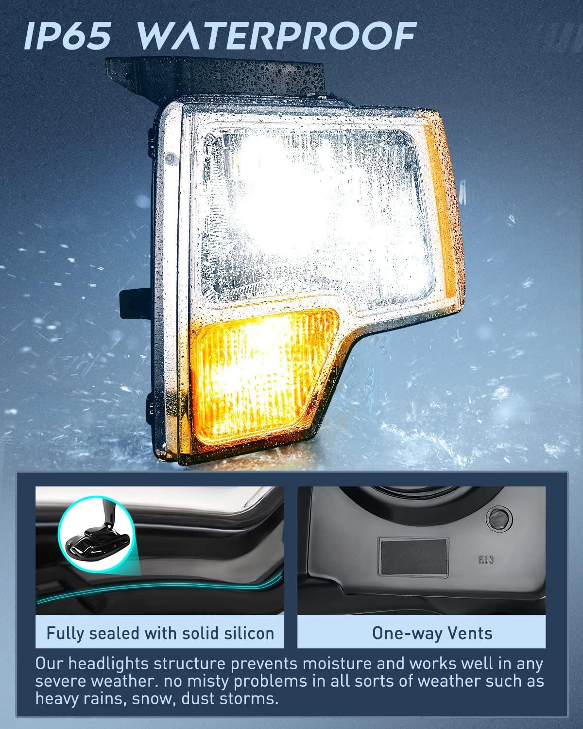 imageNilight Headlights Assembly for Ford F150 F150 2009 2010 2011 2012 2013 2014Led DRL HeadlampBlack HousingChrome Housing Amber Reflector