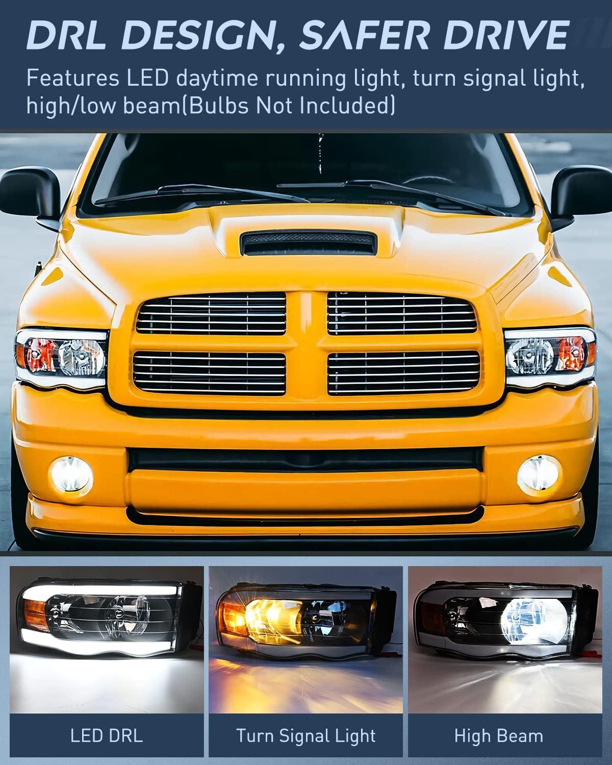 imageNilight Headlights for 2002 2003 2004 2005 Ram 1500 2500 3500 Truck Black Housing Clear CornerHeadlight Assembly Replacement kitDriver and Passenger Side2 PackBlack Housing Amber Reflector DRL