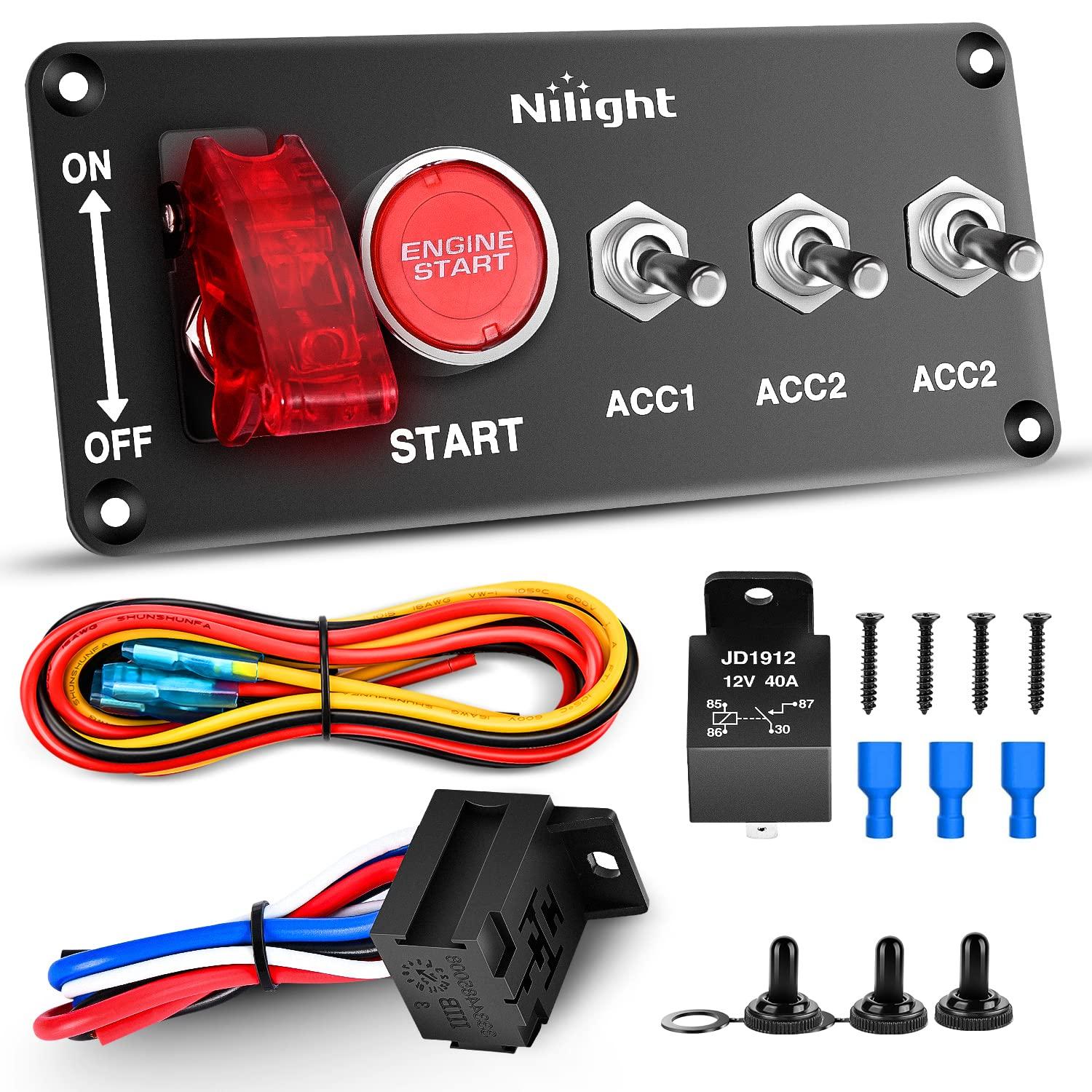 imageNilight Ignition Switch Panel 12V 2 in 1 Rocker with Engine Push Button Toggle Switches with Relay Wiring Harness LED for RV Truck Racing Car Boat Marine TrailerRed 5 in 1 Panel
