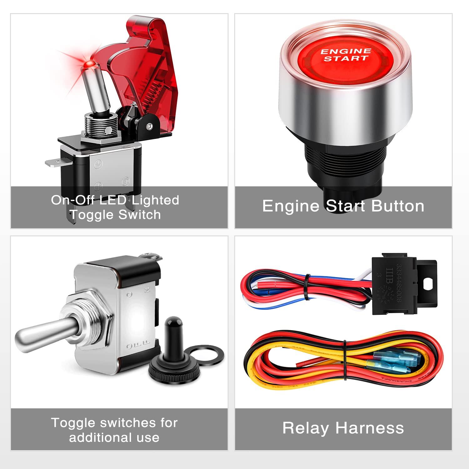 imageNilight Ignition Switch Panel 12V 2 in 1 Rocker with Engine Push Button Toggle Switches with Relay Wiring Harness LED for RV Truck Racing Car Boat Marine TrailerRed 5 in 1 Panel