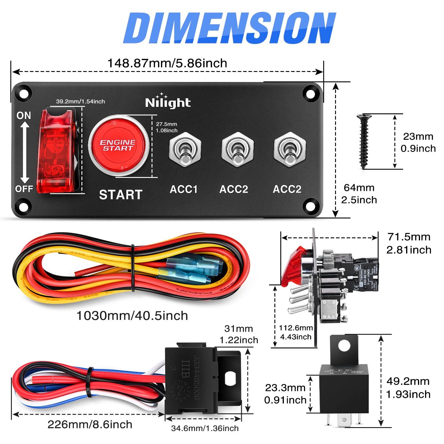imageNilight Ignition Switch Panel 12V 2 in 1 Rocker with Engine Push Button Toggle Switches with Relay Wiring Harness LED for RV Truck Racing Car Boat Marine TrailerRed 5 in 1 Panel