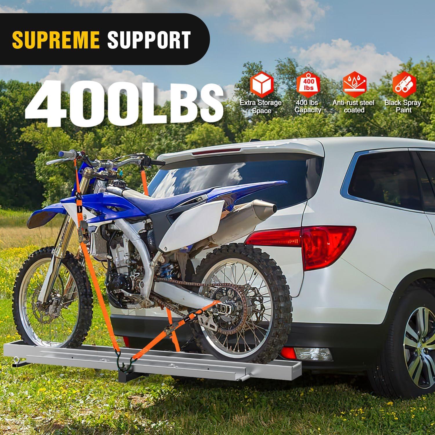 imageNilight Motorcycle Hitch Carrier 400LBS Lightweight Robust Aluminum Dirt Bike Hitch Hauler with 5511quot Longer Ramp Pin Lock TieDown Strap and Hitch Tightener 2quot Receiver 5quot Wide Tire