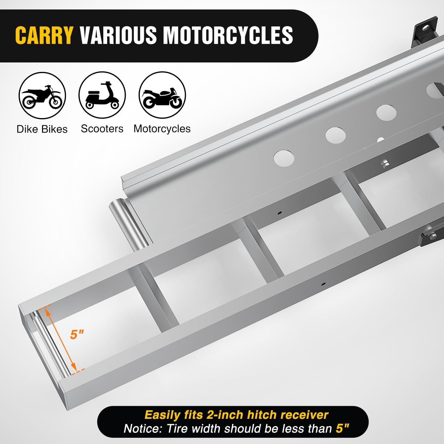 imageNilight Motorcycle Hitch Carrier 400LBS Lightweight Robust Aluminum Dirt Bike Hitch Hauler with 5511quot Longer Ramp Pin Lock TieDown Strap and Hitch Tightener 2quot Receiver 5quot Wide Tire