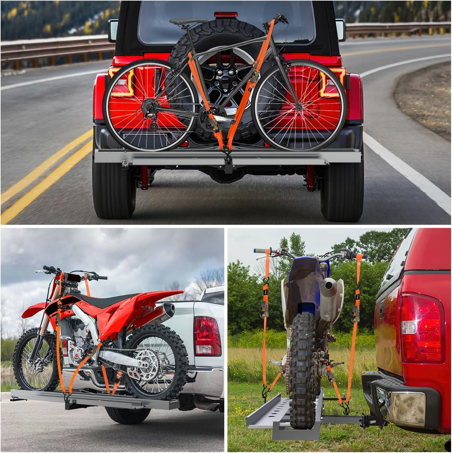 imageNilight Motorcycle Hitch Carrier 400LBS Lightweight Robust Aluminum Dirt Bike Hitch Hauler with 5511quot Longer Ramp Pin Lock TieDown Strap and Hitch Tightener 2quot Receiver 5quot Wide Tire