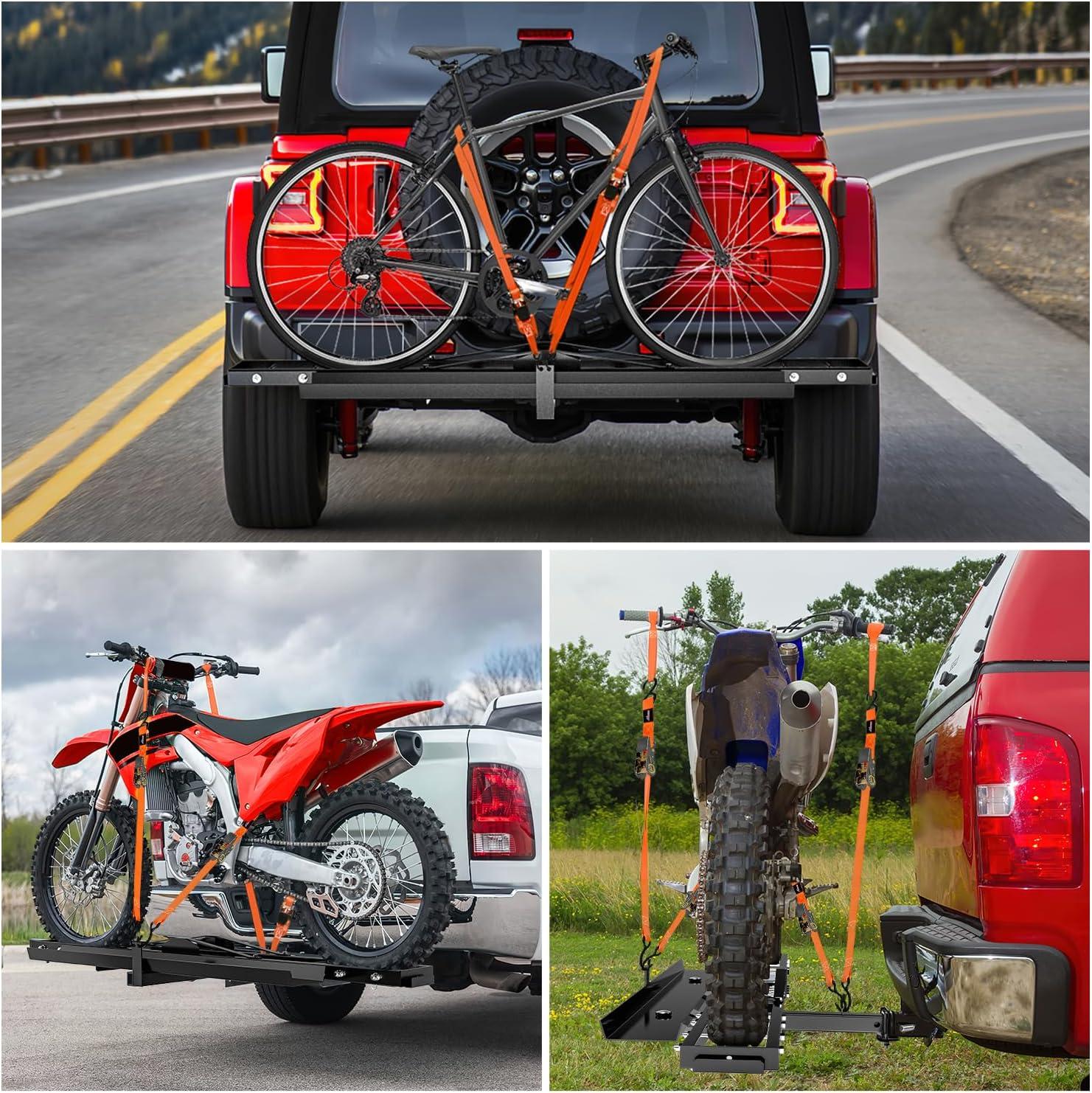 imageNilight Motorcycle Hitch Carrier 600LBS Heavy Duty Dirt Bike Hitch Hauler with 5511quot Longer Ramp Hitch Pin TieDown Strap and Hitch Tightener 2quot Receiver 5quot Wide Tire