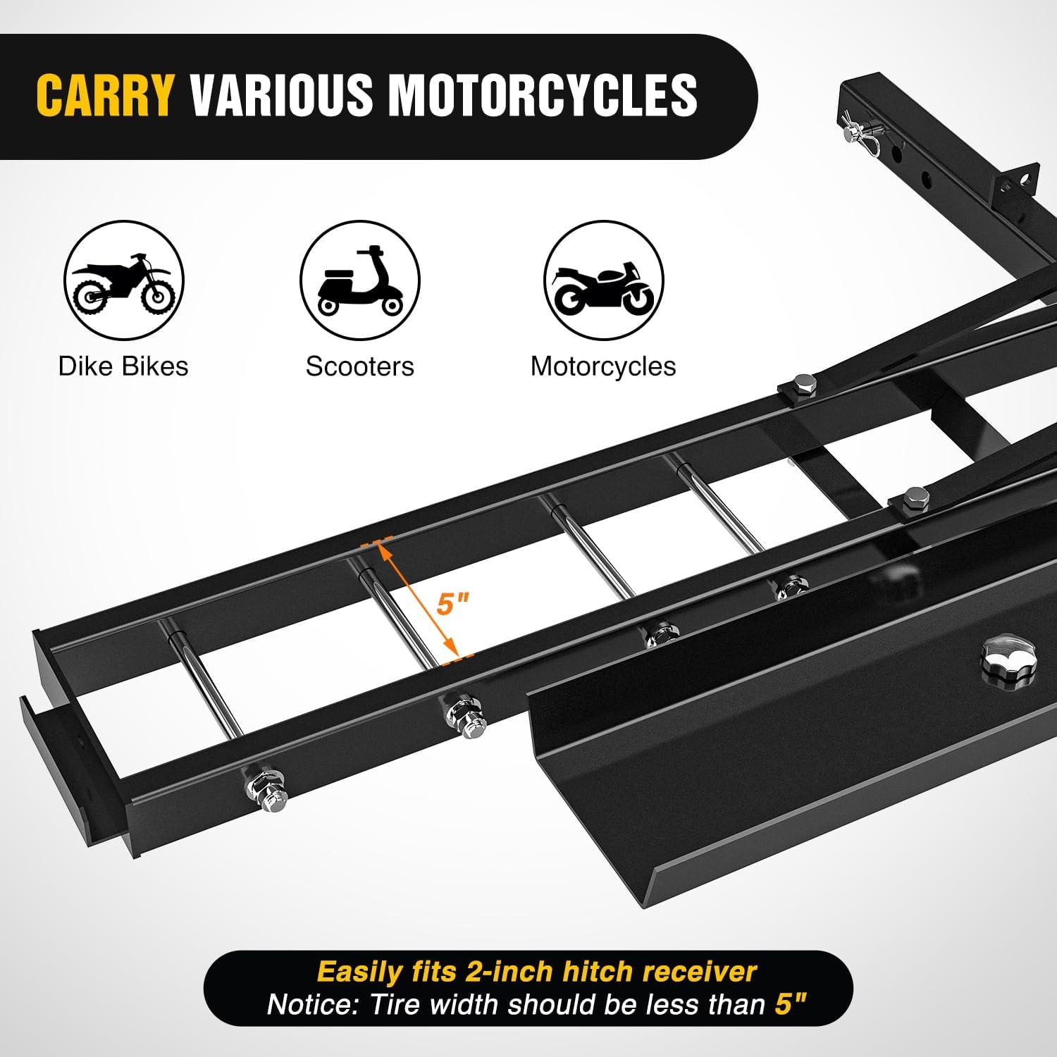 imageNilight Motorcycle Hitch Carrier 600LBS Heavy Duty Dirt Bike Hitch Hauler with 5511quot Longer Ramp Hitch Pin TieDown Strap and Hitch Tightener 2quot Receiver 5quot Wide Tire