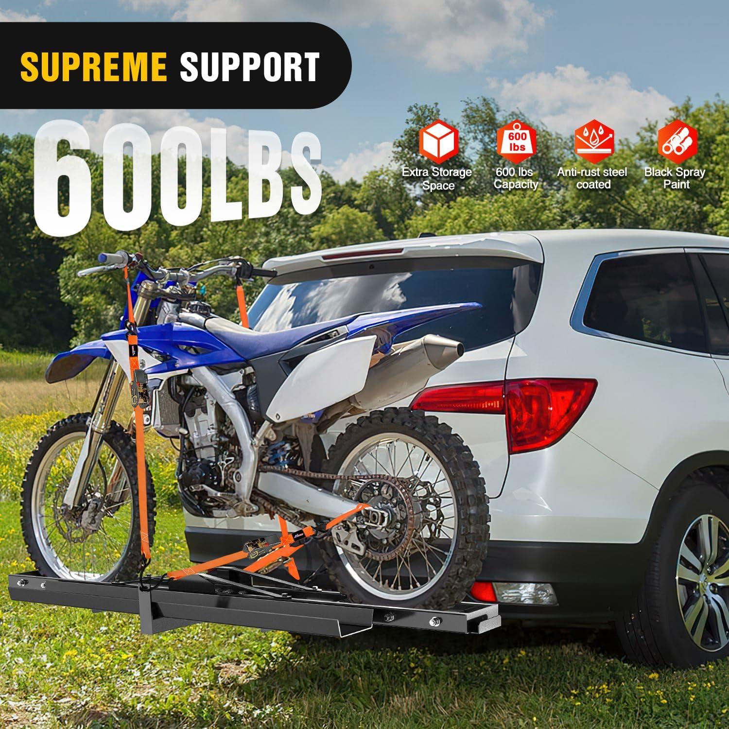 imageNilight Motorcycle Hitch Carrier 600LBS Heavy Duty Dirt Bike Hitch Hauler with 5511quot Longer Ramp Hitch Pin TieDown Strap and Hitch Tightener 2quot Receiver 5quot Wide Tire