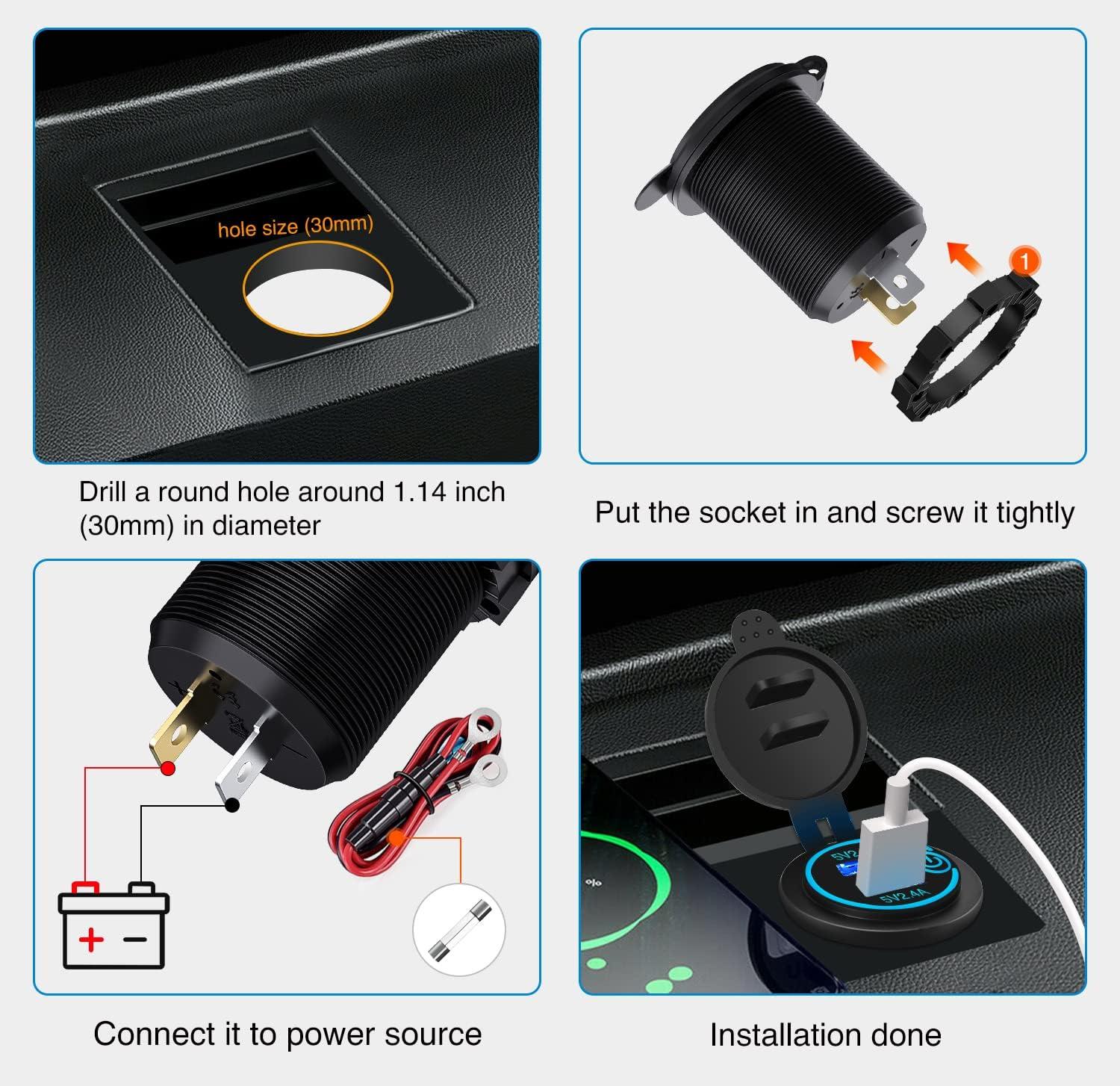 imageNilight Quick USB Outlet Socket 12V 24V Dual USBs Connector 5V 48A Car Outlets with Waterproof Cover Rotating Cap LED Light for Cars Trucks Motorcycle RVs Campers2Pcs Dual USB Charger