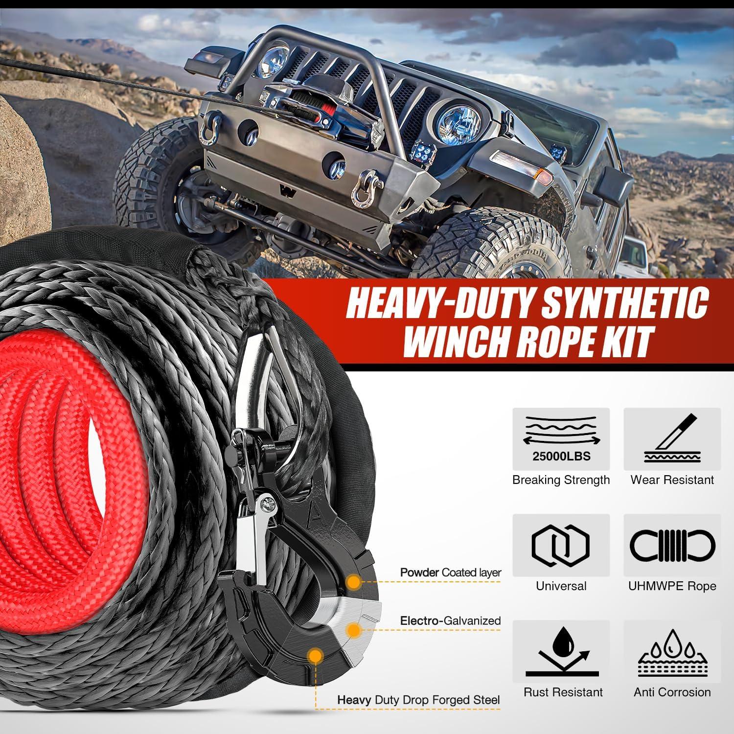 imageNilight Synthetic Winch Rope Kit 38 Inch X 100 25000 lbs with Red Jacket Rope Protective Sleeve Forged 35000lb Winch Hook Safety Strap Winch Cable Line for Off Road Vehicle Recovery Truck SUV BlackBlack