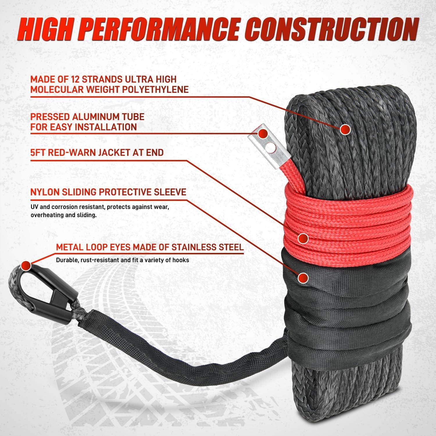 imageNilight Synthetic Winch Rope Kit 38 Inch X 100 25000 lbs with Red Jacket Rope Protective Sleeve Forged 35000lb Winch Hook Safety Strap Winch Cable Line for Off Road Vehicle Recovery Truck SUV BlackBlack