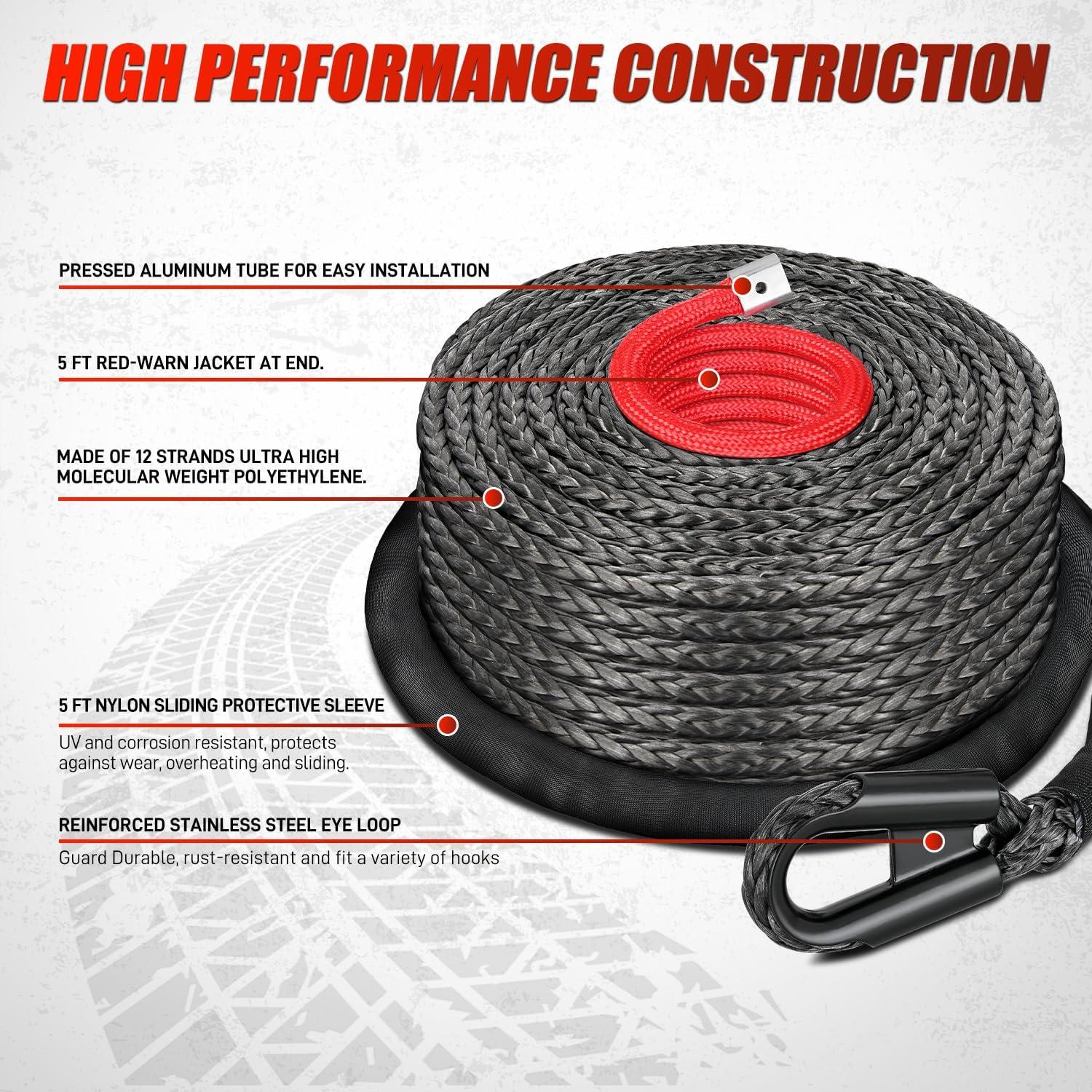 imageNilight Synthetic Winch Rope Kit 38 Inch X 100 25000 lbs with Red Jacket Rope Protective Sleeve Forged 35000lb Winch Hook Safety Strap Winch Cable Line for Off Road Vehicle Recovery Truck SUV BlackBlack