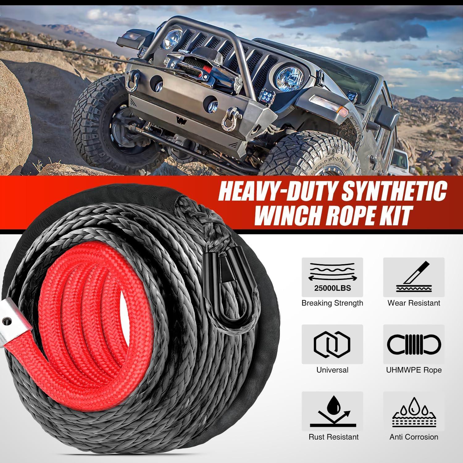 imageNilight Synthetic Winch Rope Kit 38 Inch X 100 25000 lbs with Red Jacket Rope Protective Sleeve Forged 35000lb Winch Hook Safety Strap Winch Cable Line for Off Road Vehicle Recovery Truck SUV BlackBlack