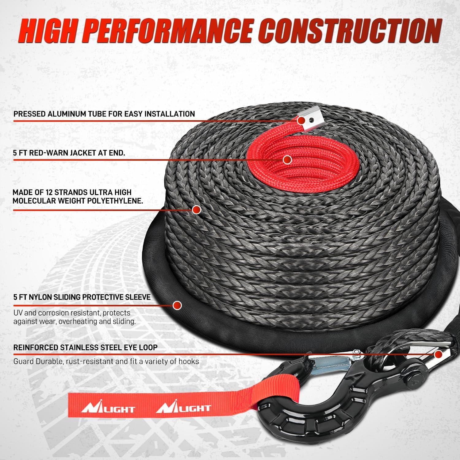 imageNilight Synthetic Winch Rope Kit 38 Inch X 100 25000 lbs with Red Jacket Rope Protective Sleeve Forged 35000lb Winch Hook Safety Strap Winch Cable Line for Off Road Vehicle Recovery Truck SUV BlackBlack