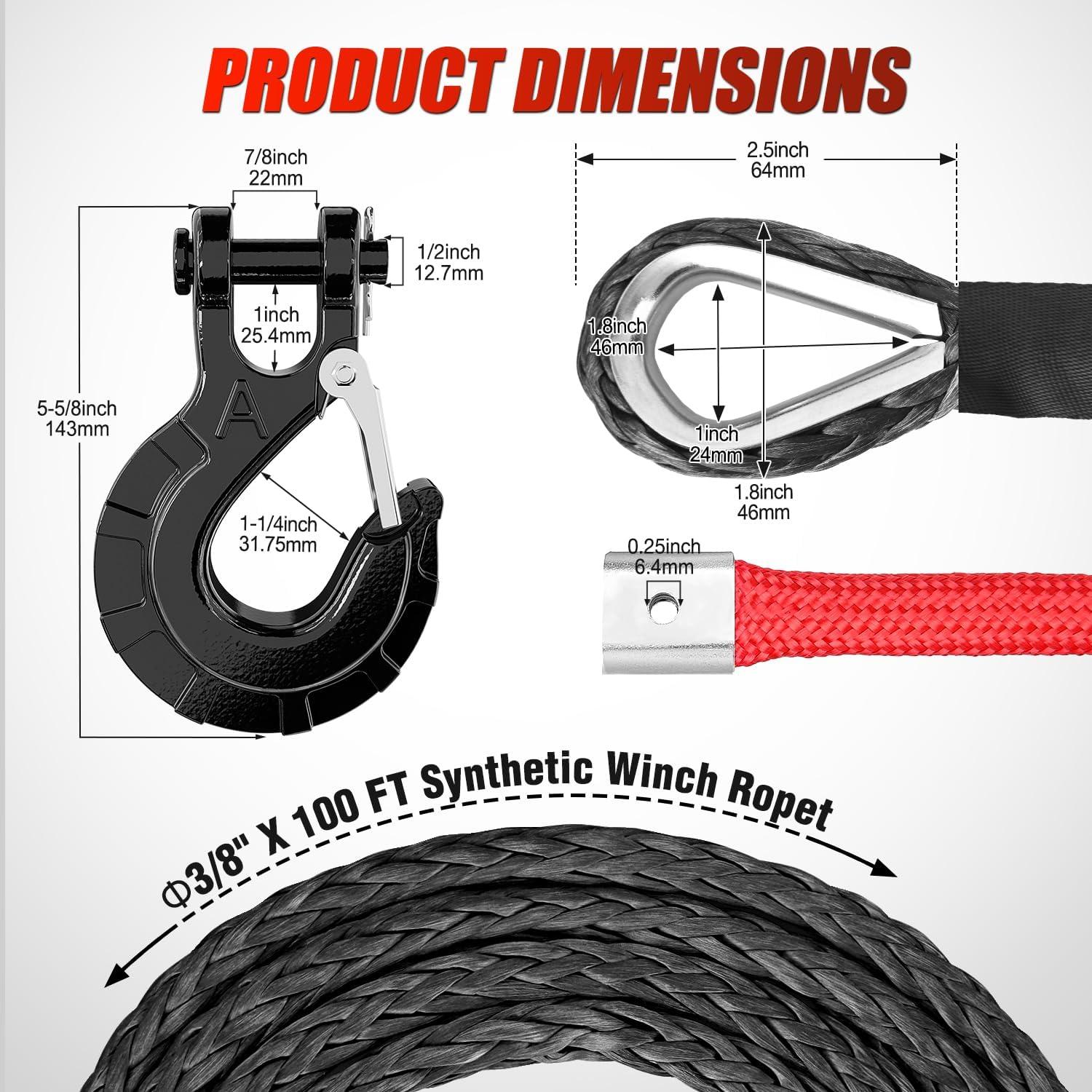 imageNilight Synthetic Winch Rope Kit 38 Inch X 100 25000 lbs with Red Jacket Rope Protective Sleeve Forged 35000lb Winch Hook Safety Strap Winch Cable Line for Off Road Vehicle Recovery Truck SUV BlackBlack