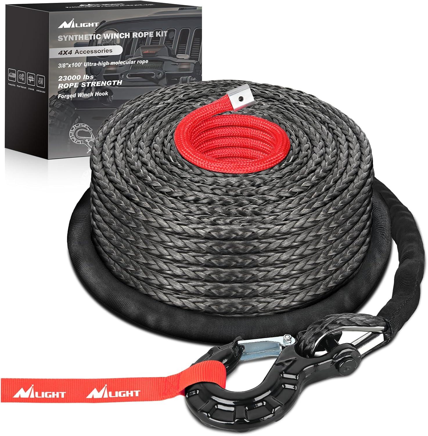 imageNilight Synthetic Winch Rope Kit 38 Inch X 100 25000 lbs with Red Jacket Rope Protective Sleeve Forged 35000lb Winch Hook Safety Strap Winch Cable Line for Off Road Vehicle Recovery Truck SUV BlackBlack