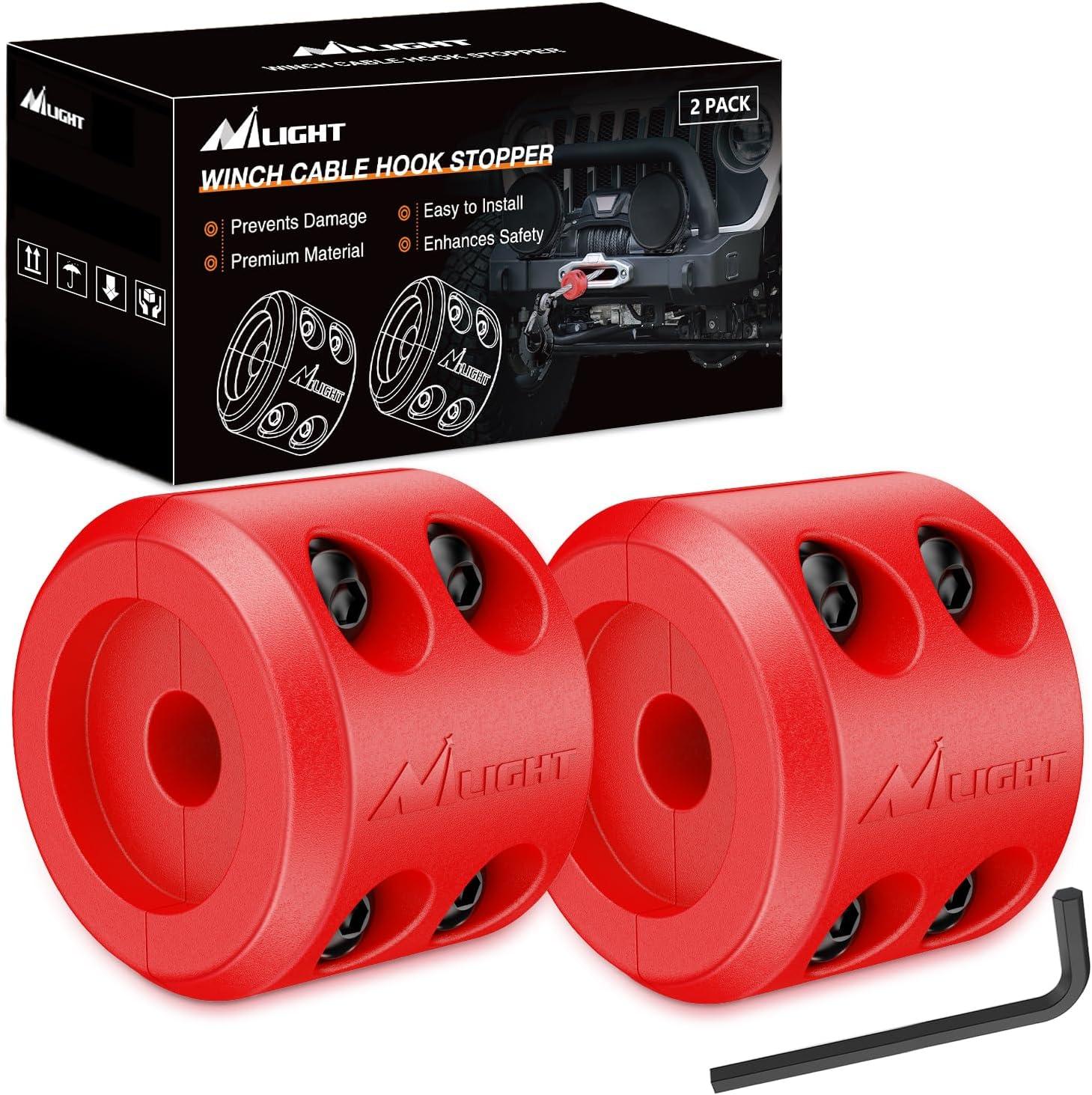 imageNilight Winch Stopper for ATV UTV Truck SUV Winch Cable Hook Rubber Stopper 2 Pack Protect Towing Hook Synthetic Rope Winch Accessories Rope Line Saver with Stainless Steel Screws Allen Wrenc GreenRed