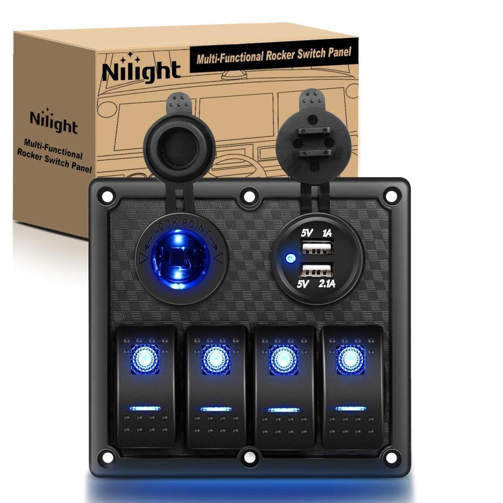 imageNilight  90107D 4 Gang Rocker Switch Panel Waterproof Prewired Switch Panel with USB Charger ampamp Power Socket and Fuse DC 12V 24V Rocker Switch Panel for Car Rv Vehicles Trucks2 Years Warranty4 Gang with USB and Cigar lighter