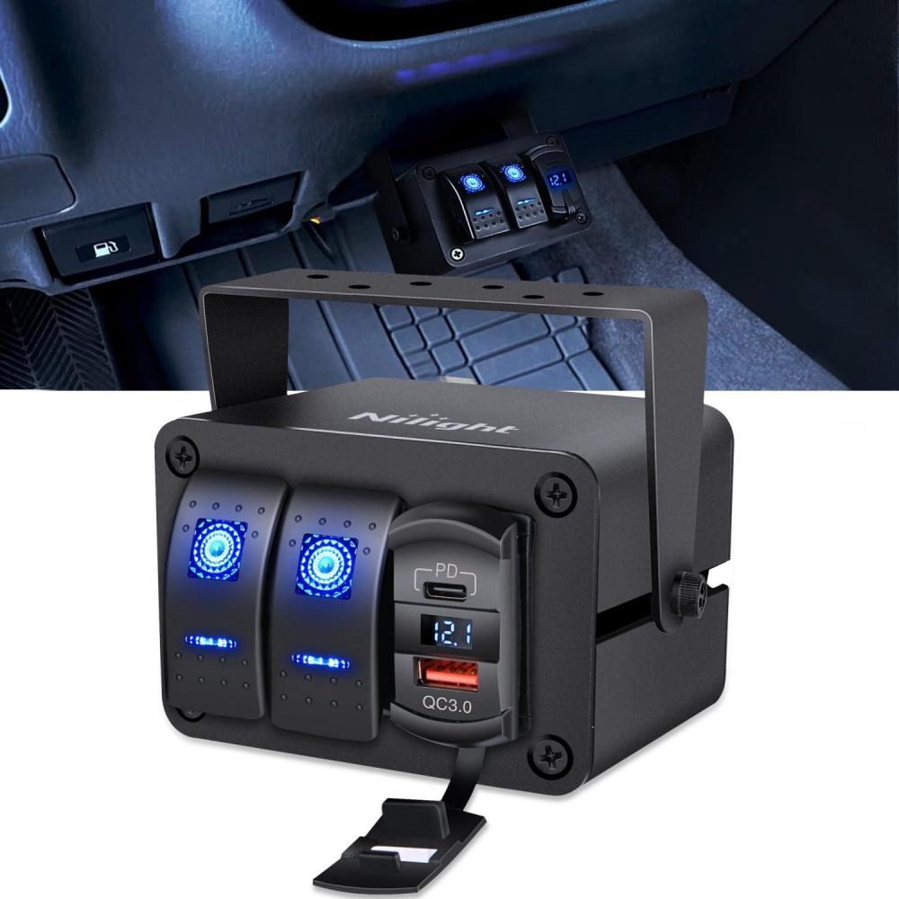 imageNilight 2 Gang Rocker Switch Box 12V SPST ON Off PD Type C and QC 30 USB Charger Voltmeter Waterproof Aluminum Panel DIY Stickers for Boats Cars RVs TrucksBlueBox