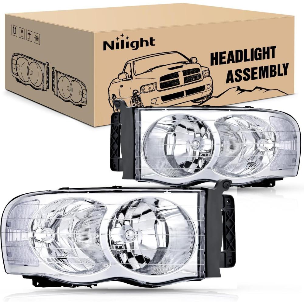 imageNilight 2002 2003 2004 2005 Ram 1500 2500 3500 Headlight Assembly Chrome Housing Amber Corner Clear Lens Headlamp Replacement Driver and Passenger Side 2 PackChrome Housing Clear Reflector