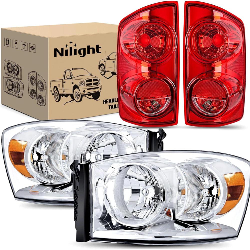imageNilight 2007 2008 2009 Dodge Ram Headlight Assembly 2 Pack Compatible with 20062008 Dodge Ram 1500 20062009 Dodge Ram 2500 3500 Headlamp Replacement Driver and Passenger SideChrome Housing  Amber Reflector wTaillight