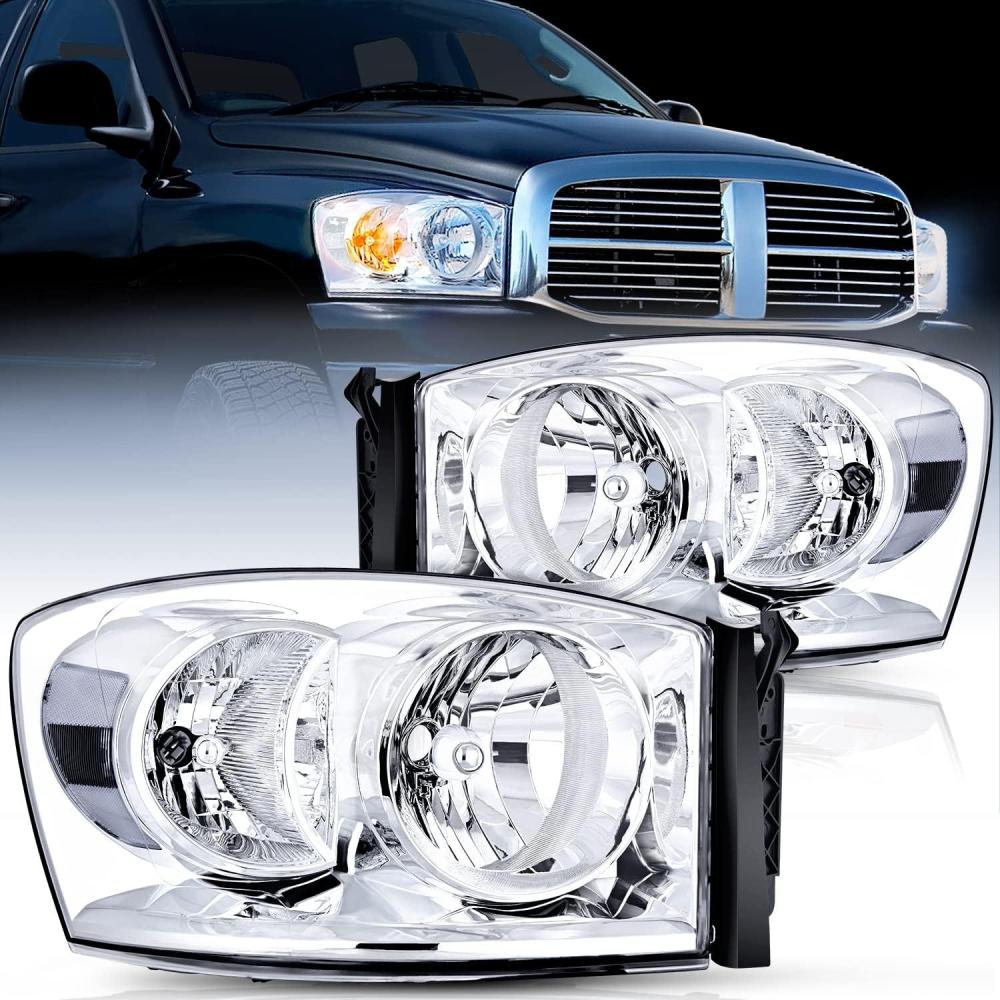 imageNilight 2007 2008 2009 Dodge Ram Headlight Assembly 2 Pack Compatible with 20062008 Dodge Ram 1500 20062009 Dodge Ram 2500 3500 Headlamp Replacement Driver and Passenger SideChrome Housing Clear Reflector