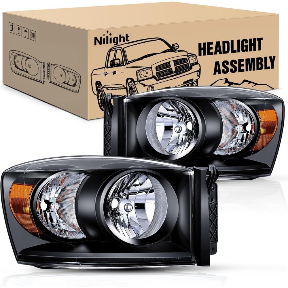 imageNilight 2007 2008 2009 Dodge Ram Headlight Assembly 2 Pack Compatible with 20062008 Dodge Ram 1500 20062009 Dodge Ram 2500 3500 Headlamp Replacement Driver and Passenger SideBlack Housing  Amber Reflector