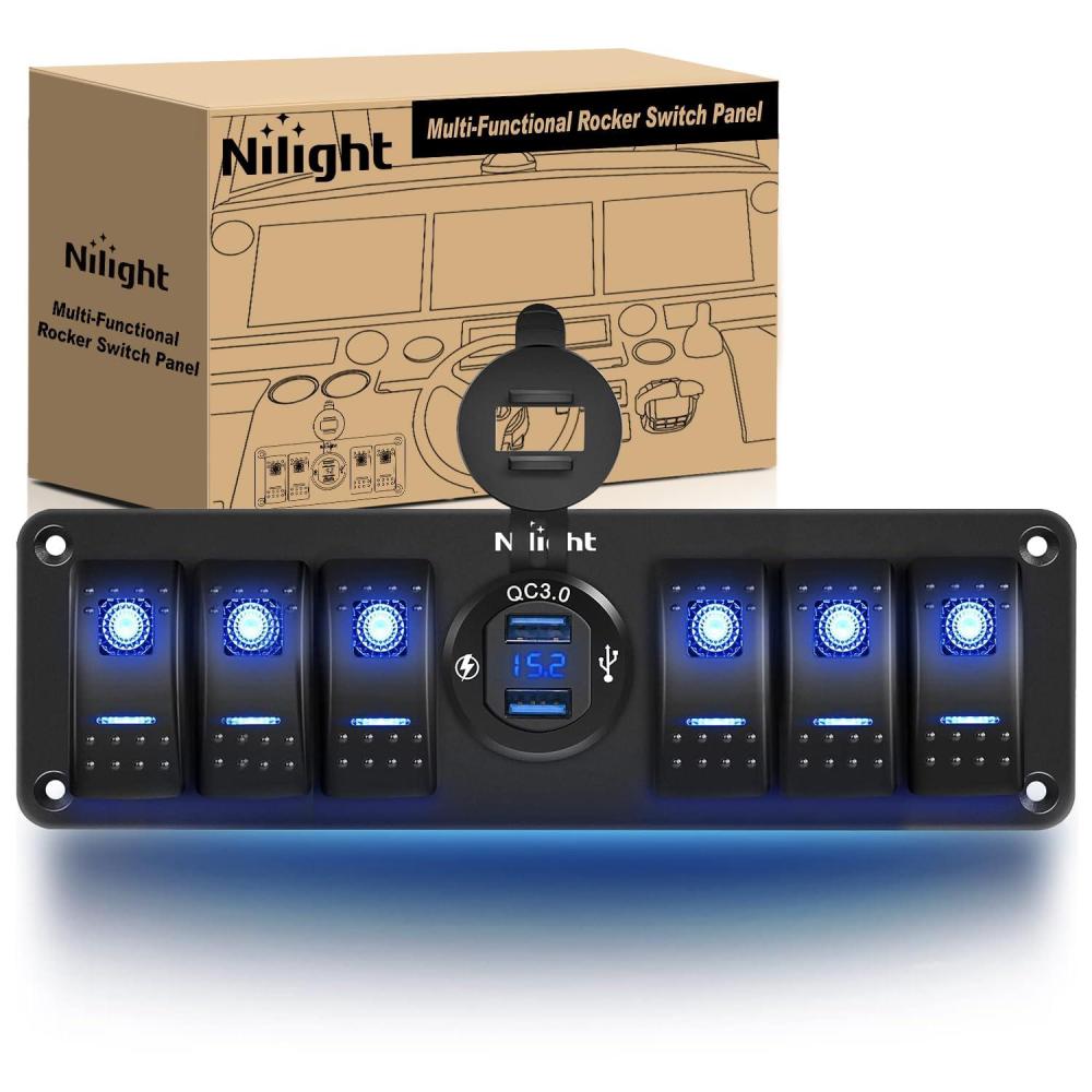 imageNilight 6 Gang Rocker Switch 12V SPST ON Off Switch QC 30 USB Charger Voltmeter Waterproof Aluminum Rocker Switch Panel Night Glow Stickers for Boats Cars RVs Trucks 2 Years WarrantyBlueDual USB 6Gang Switch Blue